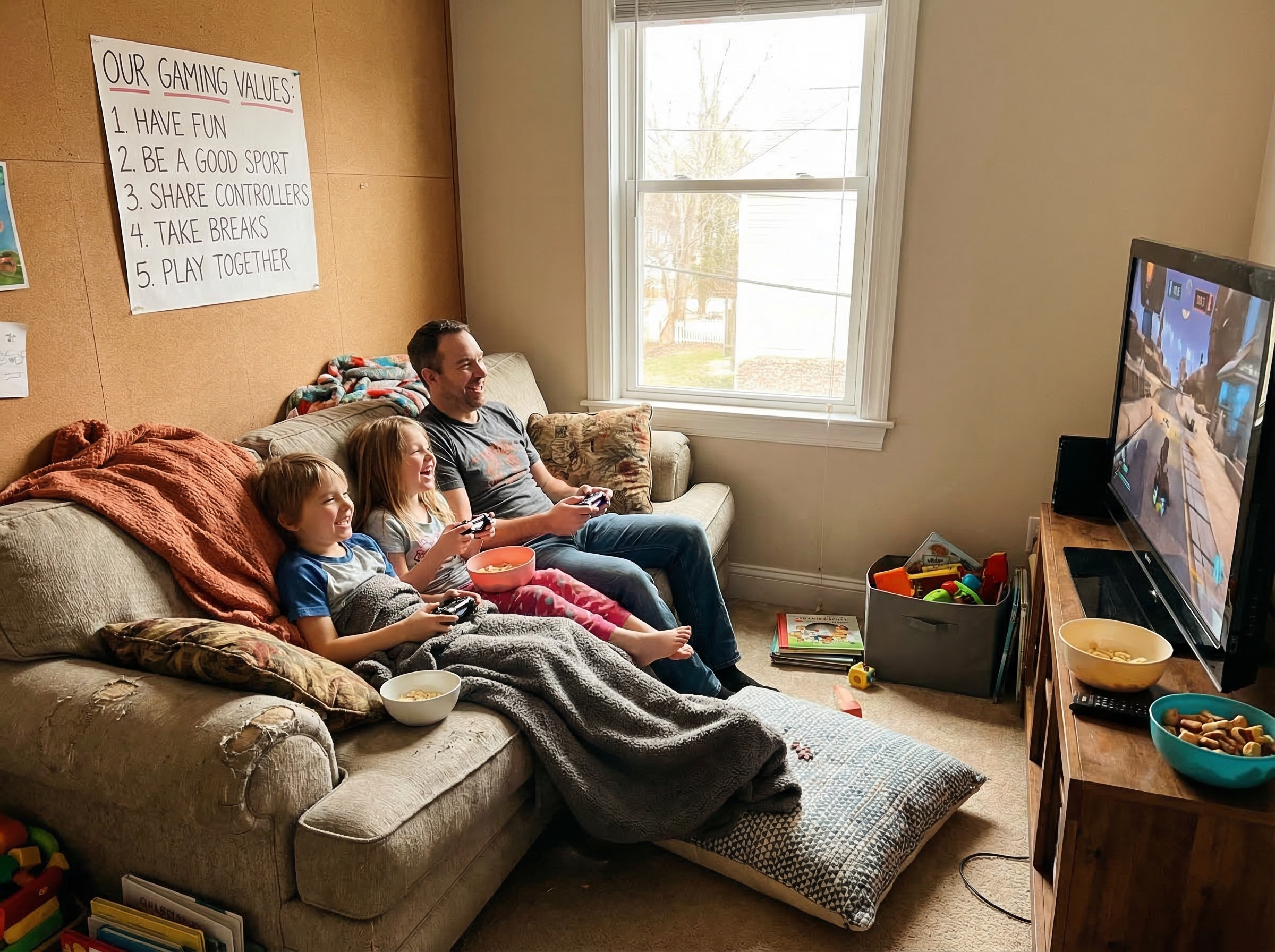 Family gaming area with handwritten list of gaming values posted on wall, cozy lived-in space with natural light