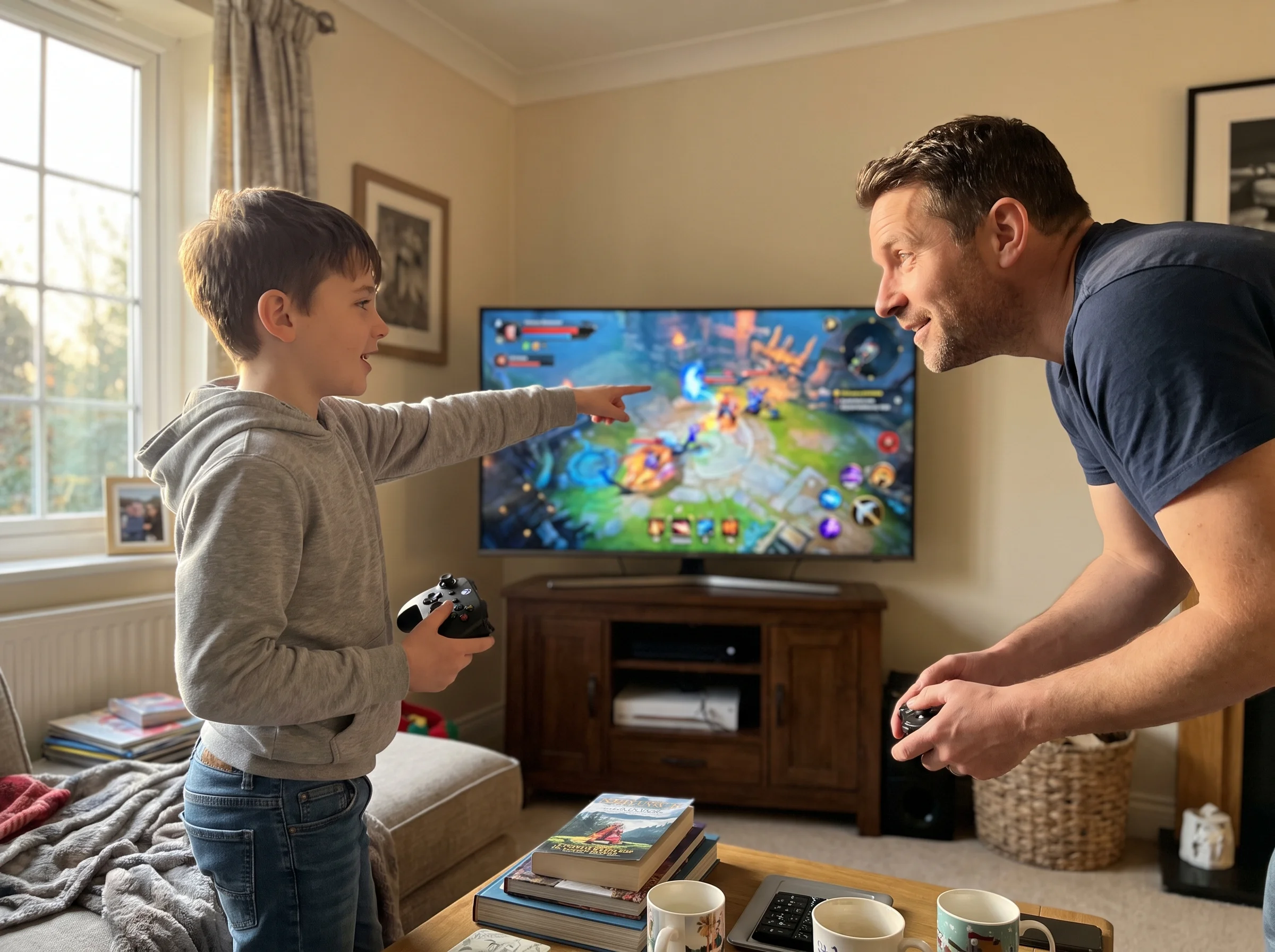 A tween boy pointing at the TV screen showing a video game, explaining something to his dad who is leaning in and listening i