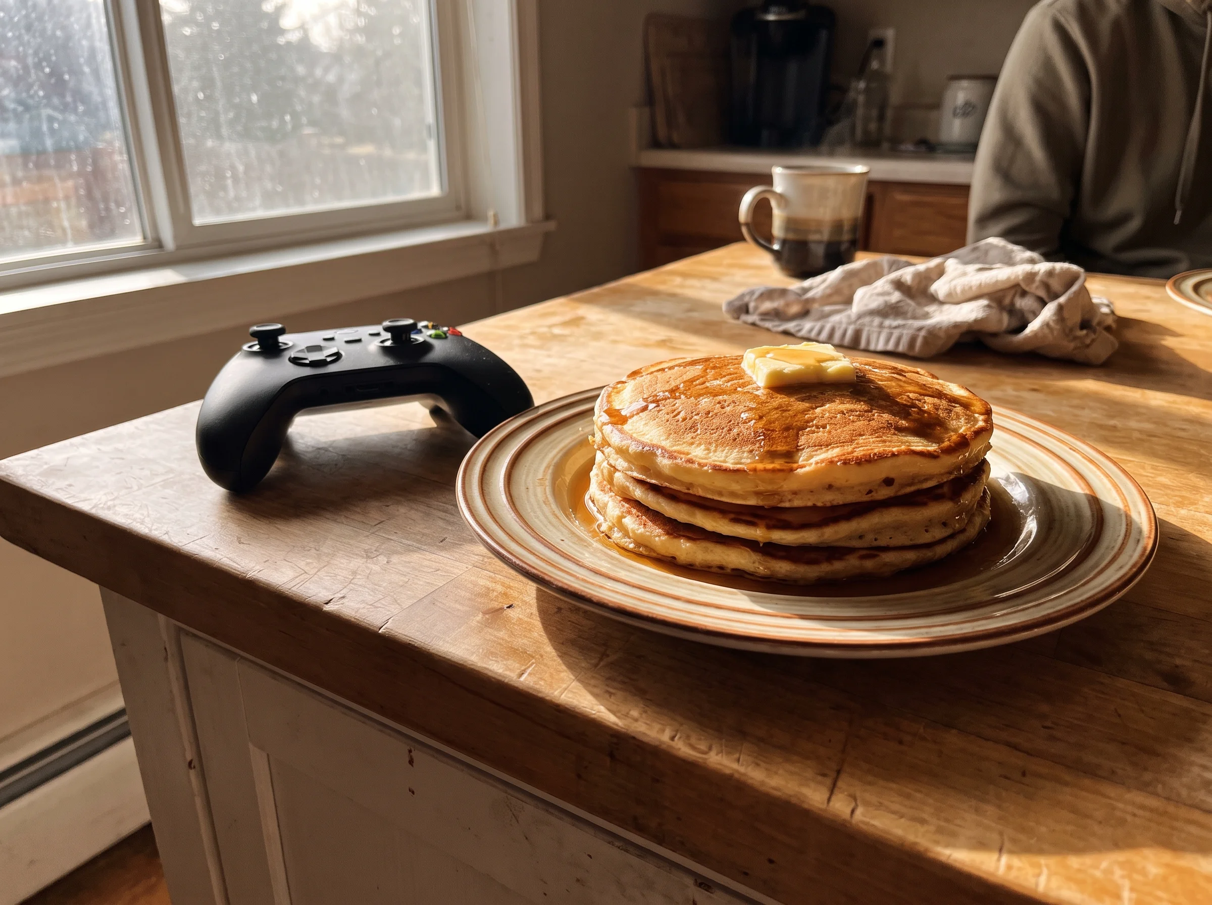 A stack of homemade pancakes on a plate next to a game controller on a kitchen counter, morning light streaming in, cozy Satu