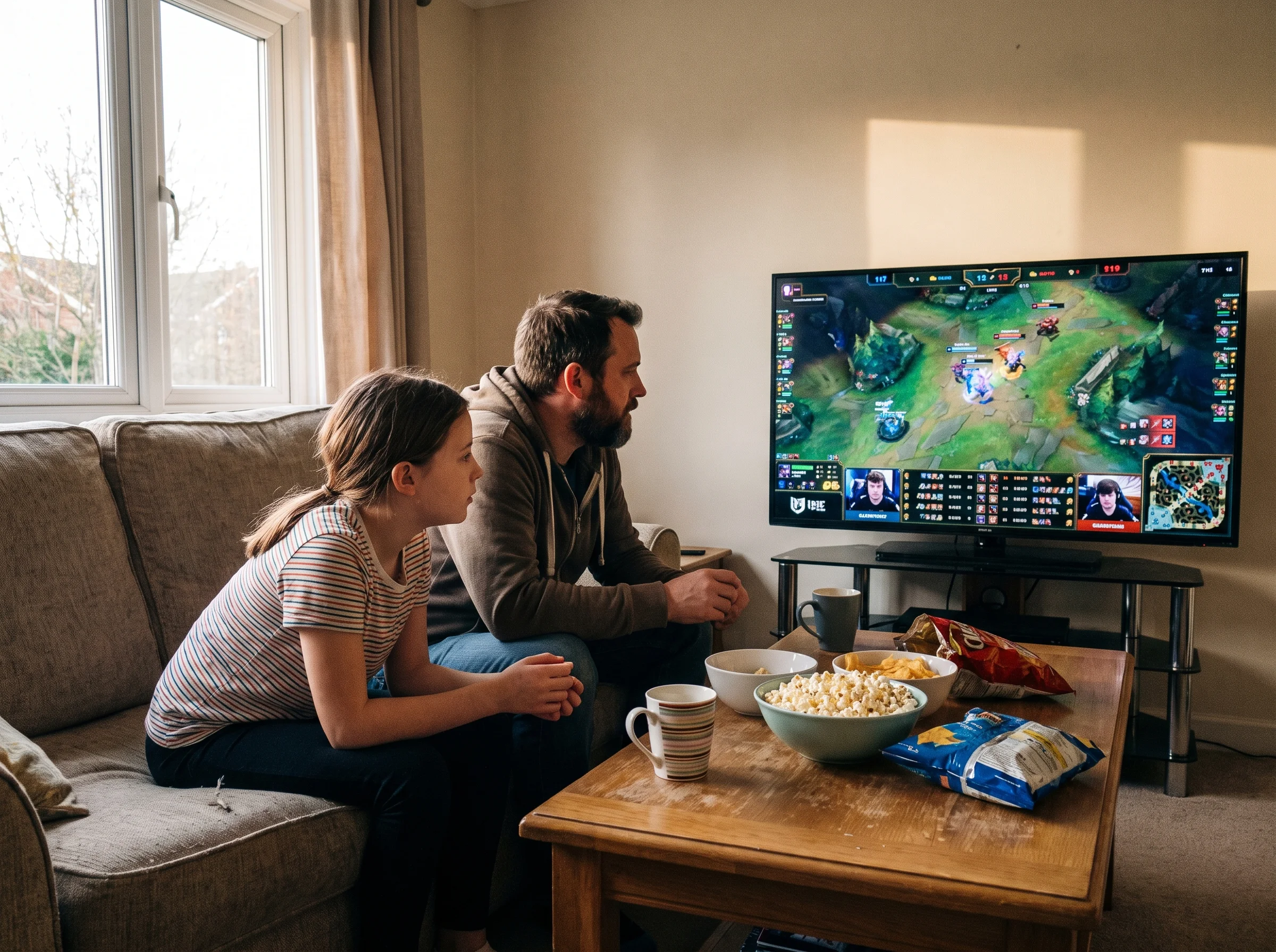 A dad and tween daughter sitting on a couch watching an esports tournament on the TV, snacks on the coffee table, both leanin