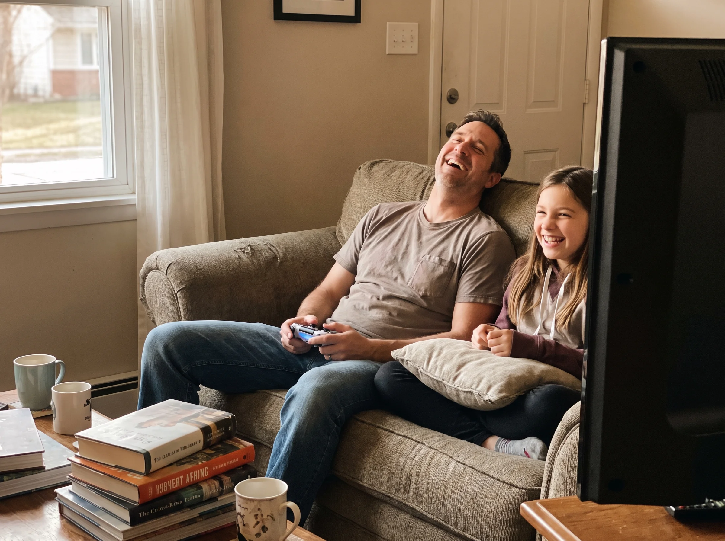 A dad mid-laugh with a controller in his hands looking slightly defeated while his tween grins triumphantly next to him on th