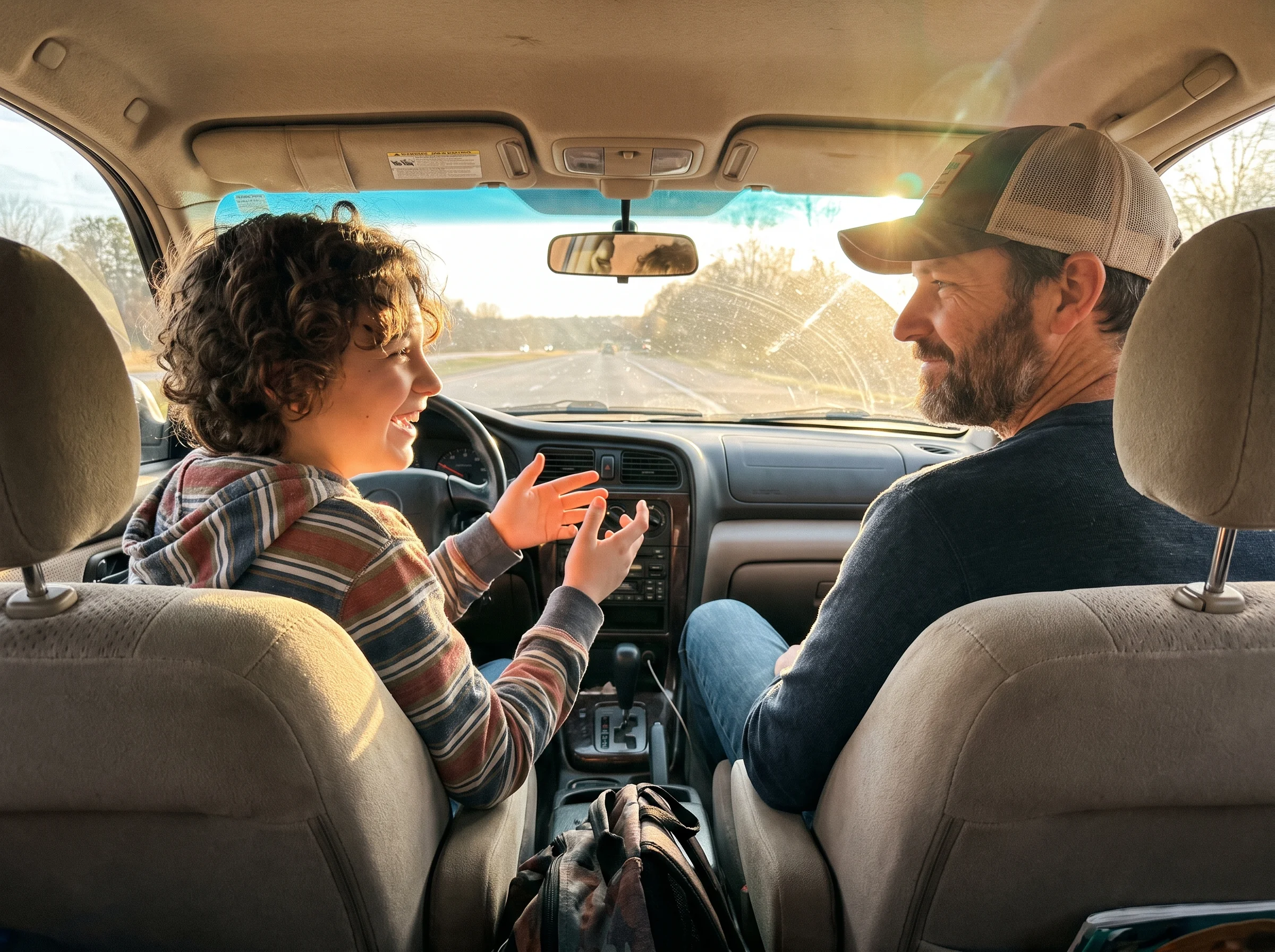 A tween in the passenger seat of a car talking animatedly, dad driving with a small smile, late afternoon sun through the win