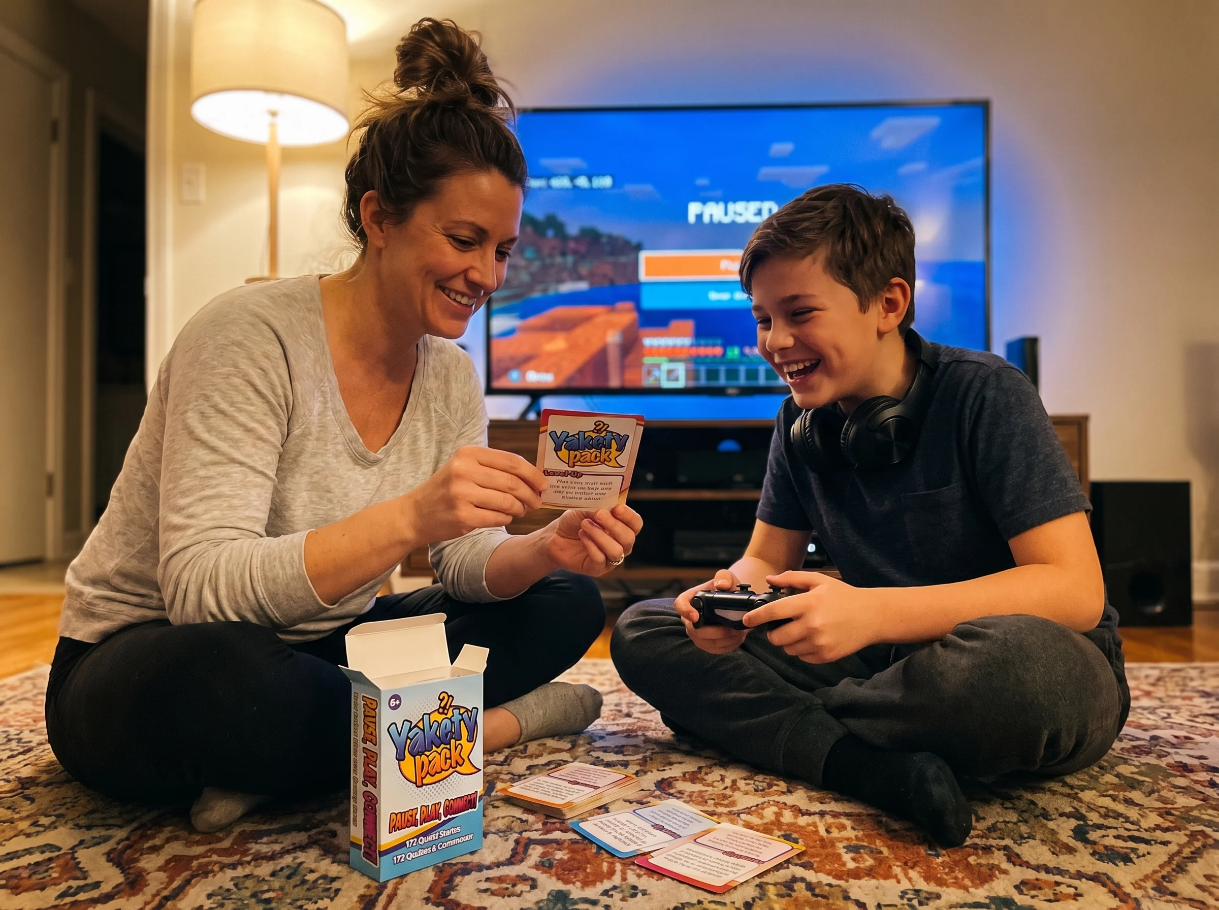 A parent and tween sitting close together on the floor in front of a TV at night, controllers in hand, the glow of the screen