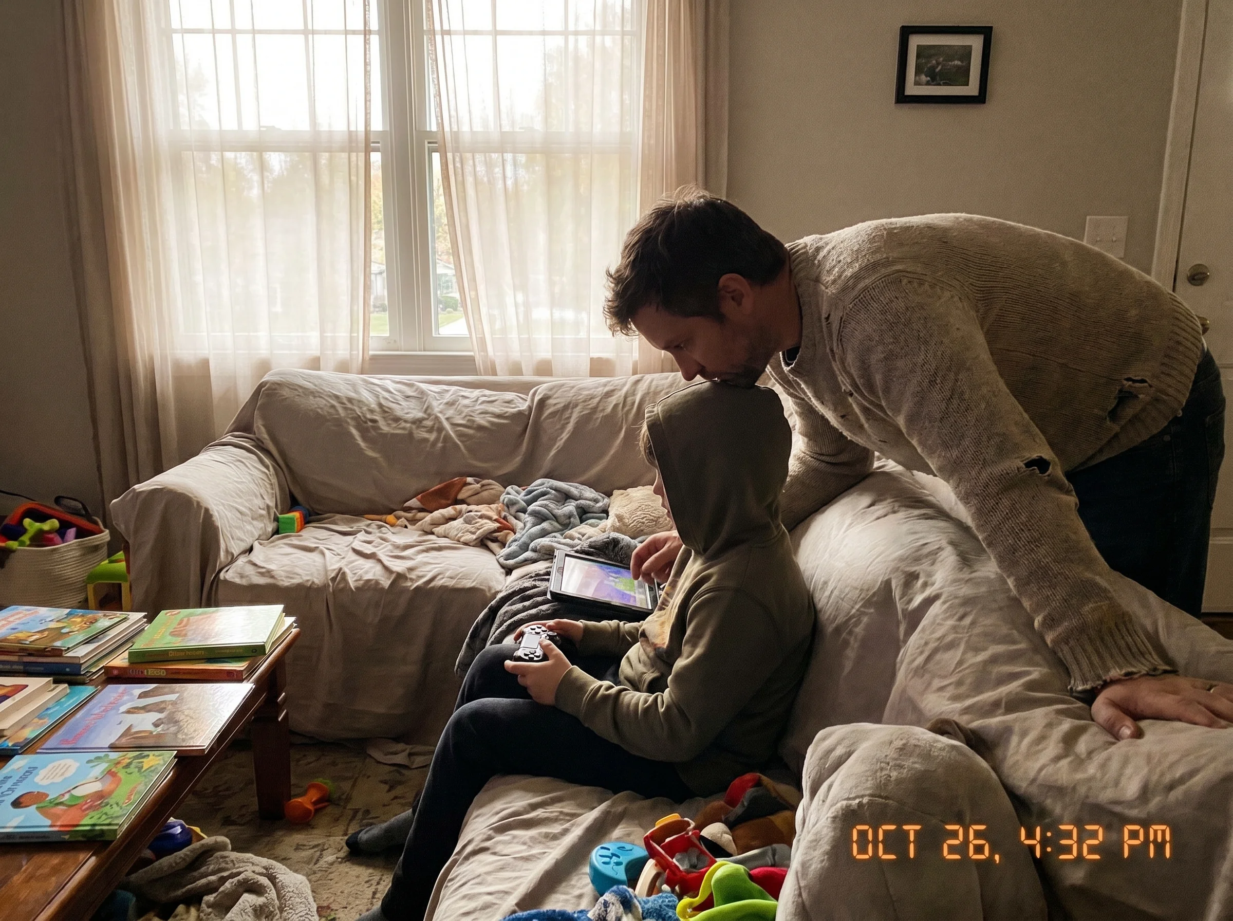 A parent sitting on a couch beside a child who is gaming, parent leaning in with genuine curiosity, soft natural light coming