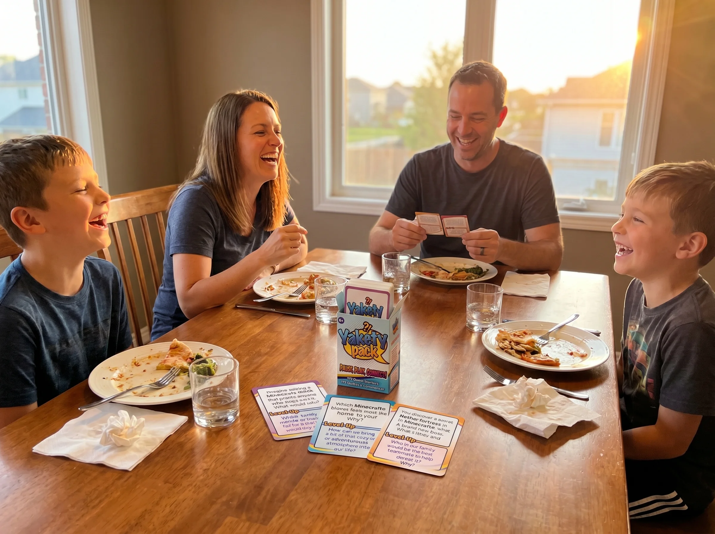 A family of four sitting around a dinner table laughing, conversation cards visible on the table, plates half eaten, warm eve