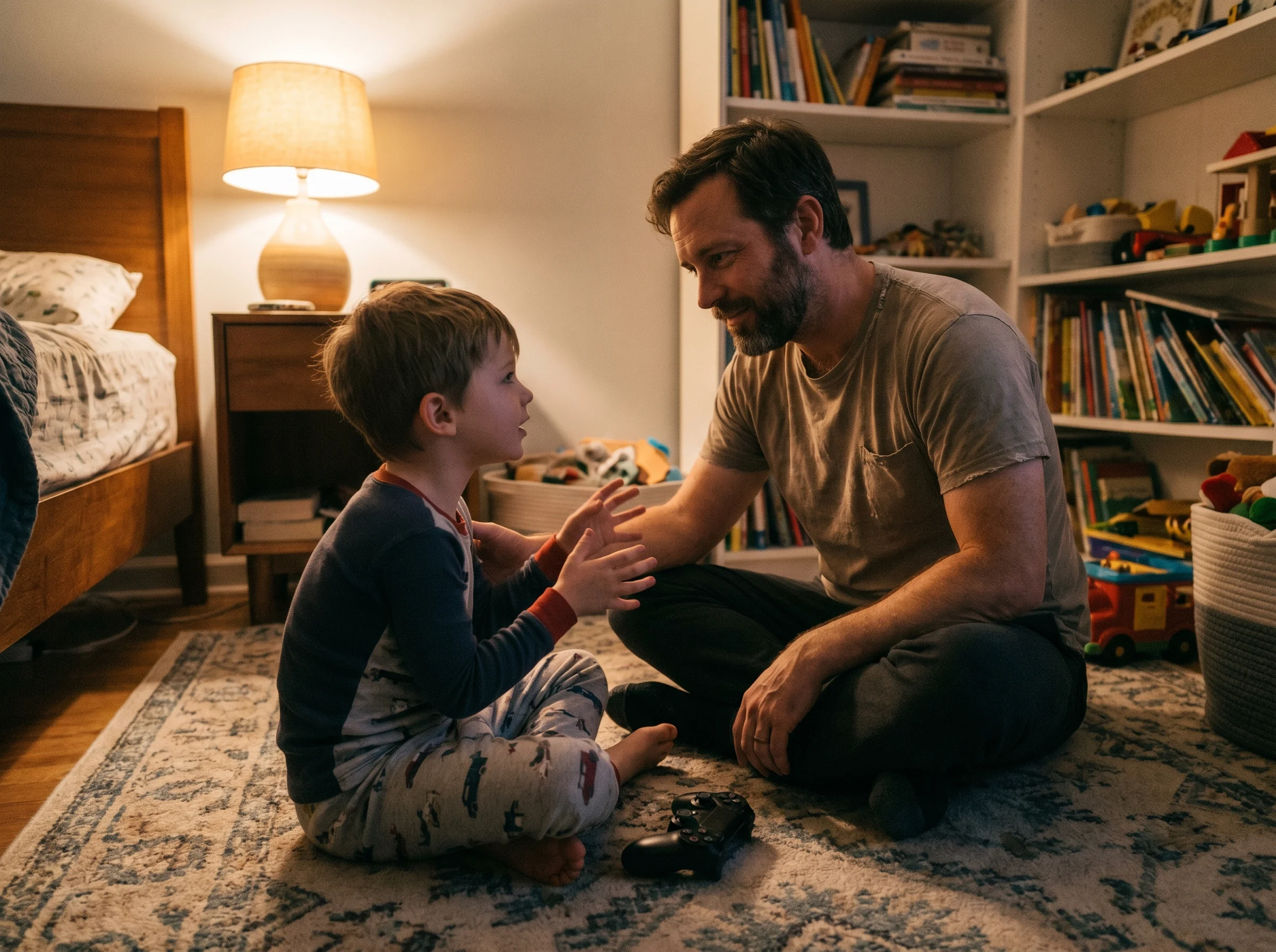 A dad and son talking quietly on a bedroom floor, controller set aside, the dad listening intently, soft lamp light