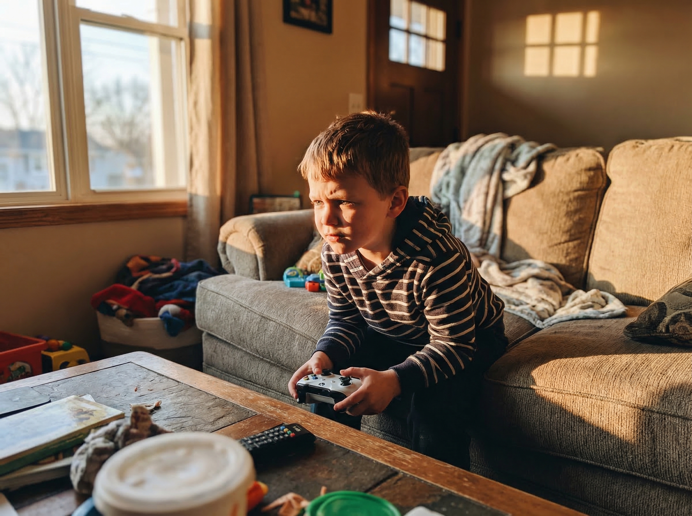 A young boy intensely focused on a game, gripping his controller tightly, sitting on a couch with afternoon sunlight casting