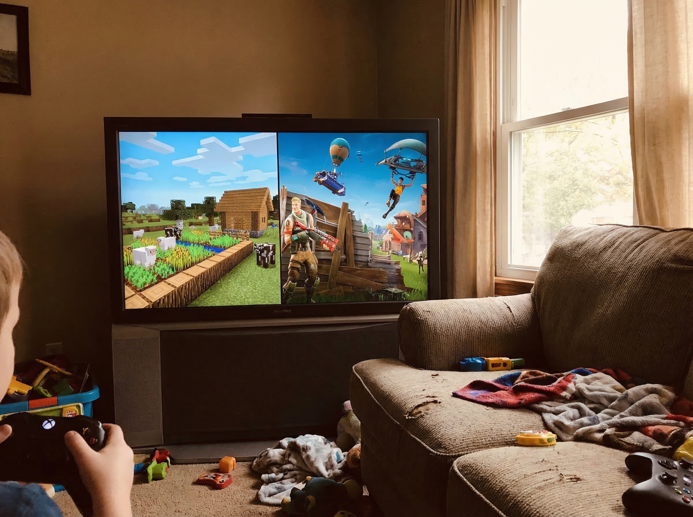 A split screen showing a peaceful Minecraft farm on one side and an intense Fortnite battle on the other, displayed on a TV i