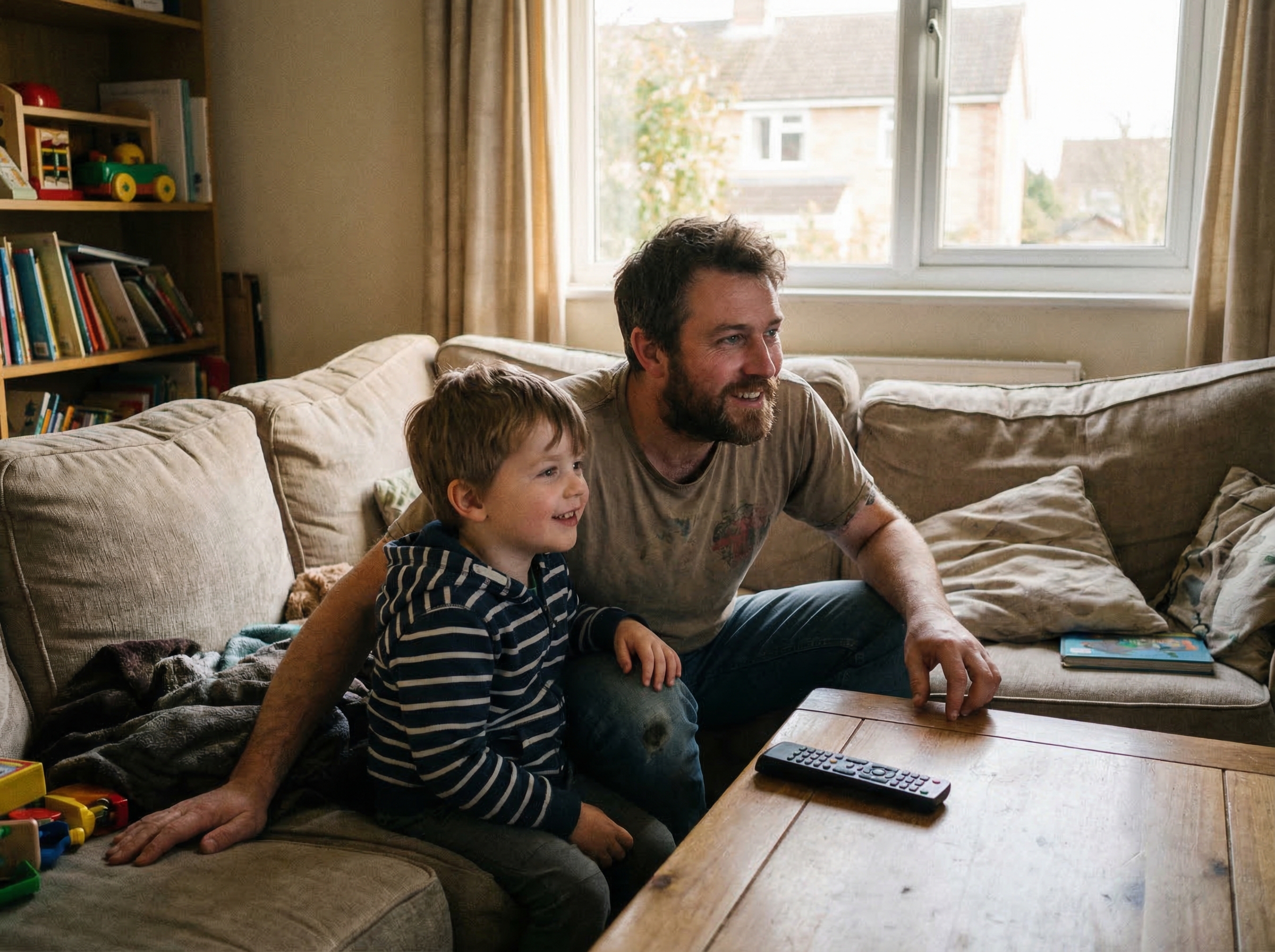 A dad sitting down next to his son on the couch, both looking at the TV screen together, the dad's posture open and intereste
