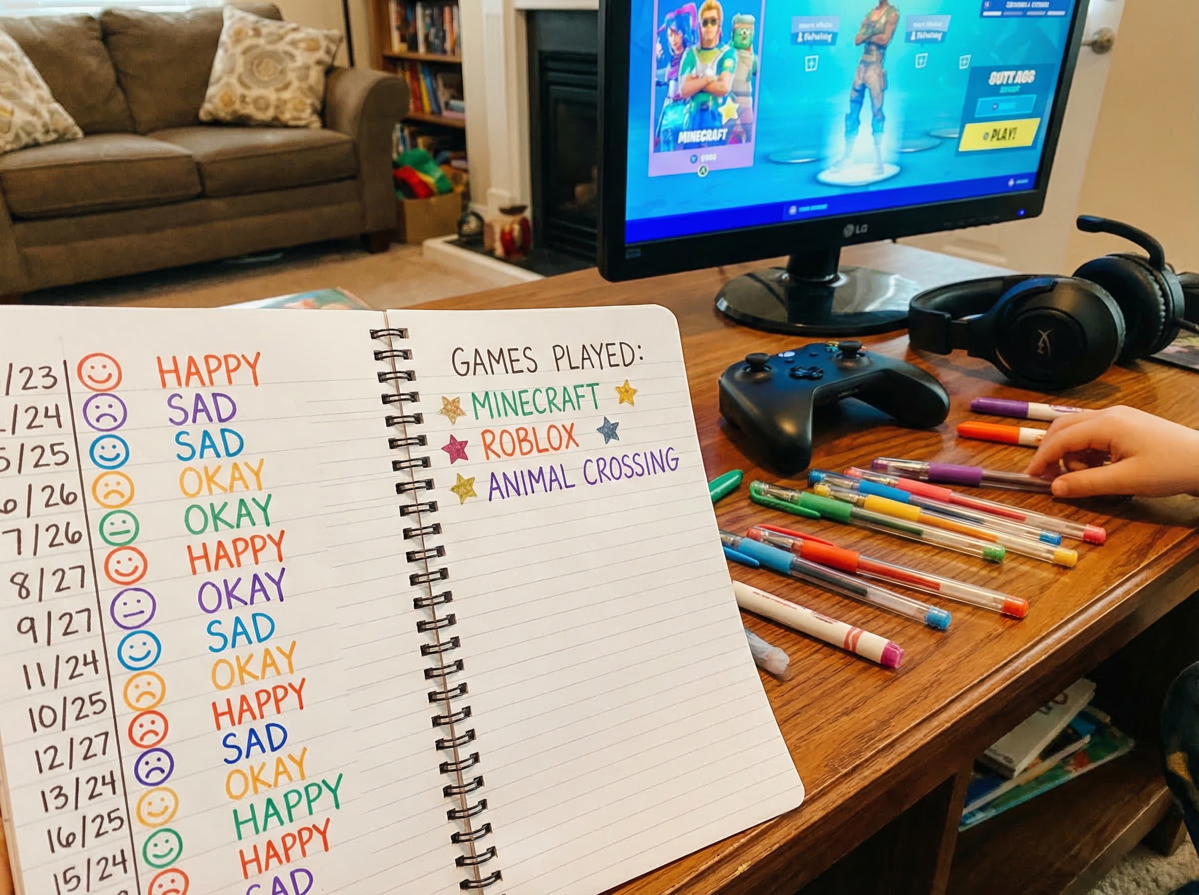 A handwritten mood journal next to a gaming setup, showing simple ratings and game choices logged by a child, with colorful p