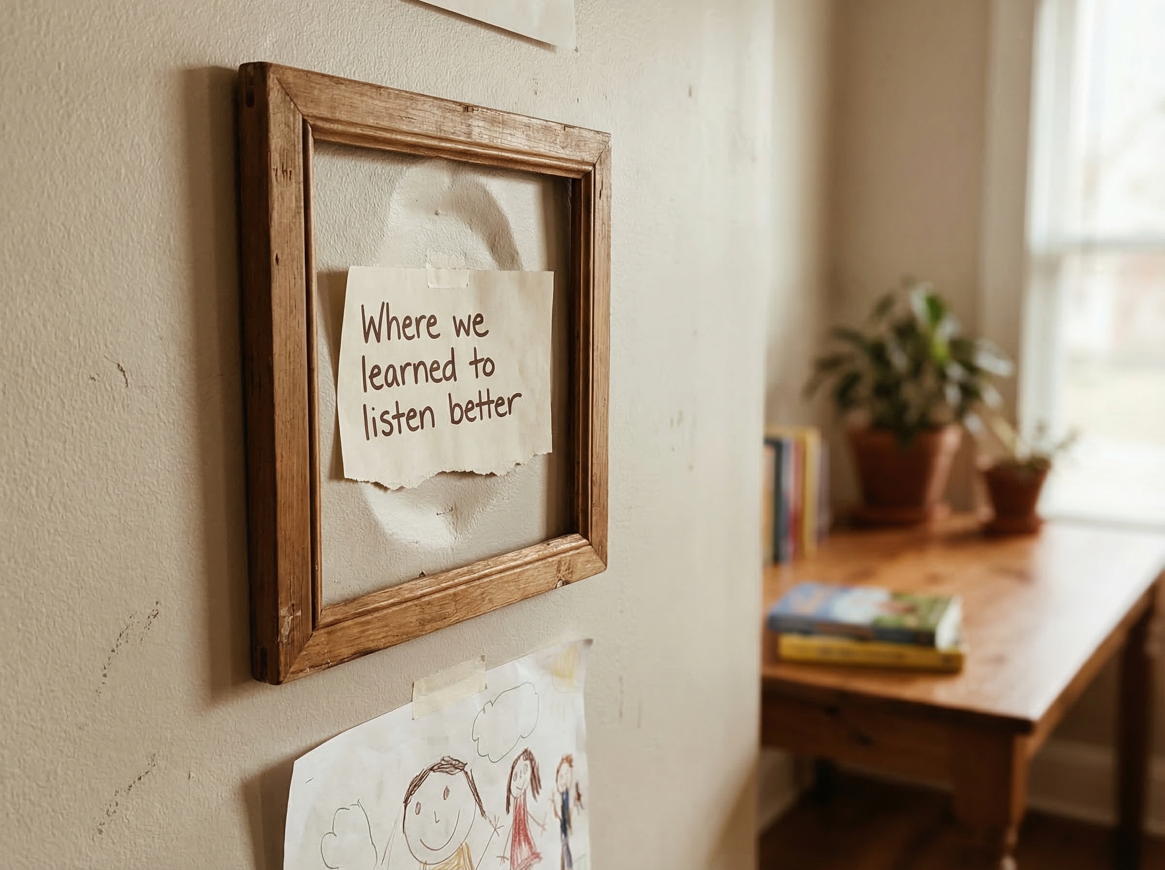 The same dented wall from the beginning, but now with a small frame around it and a handwritten note that says "Where we lear