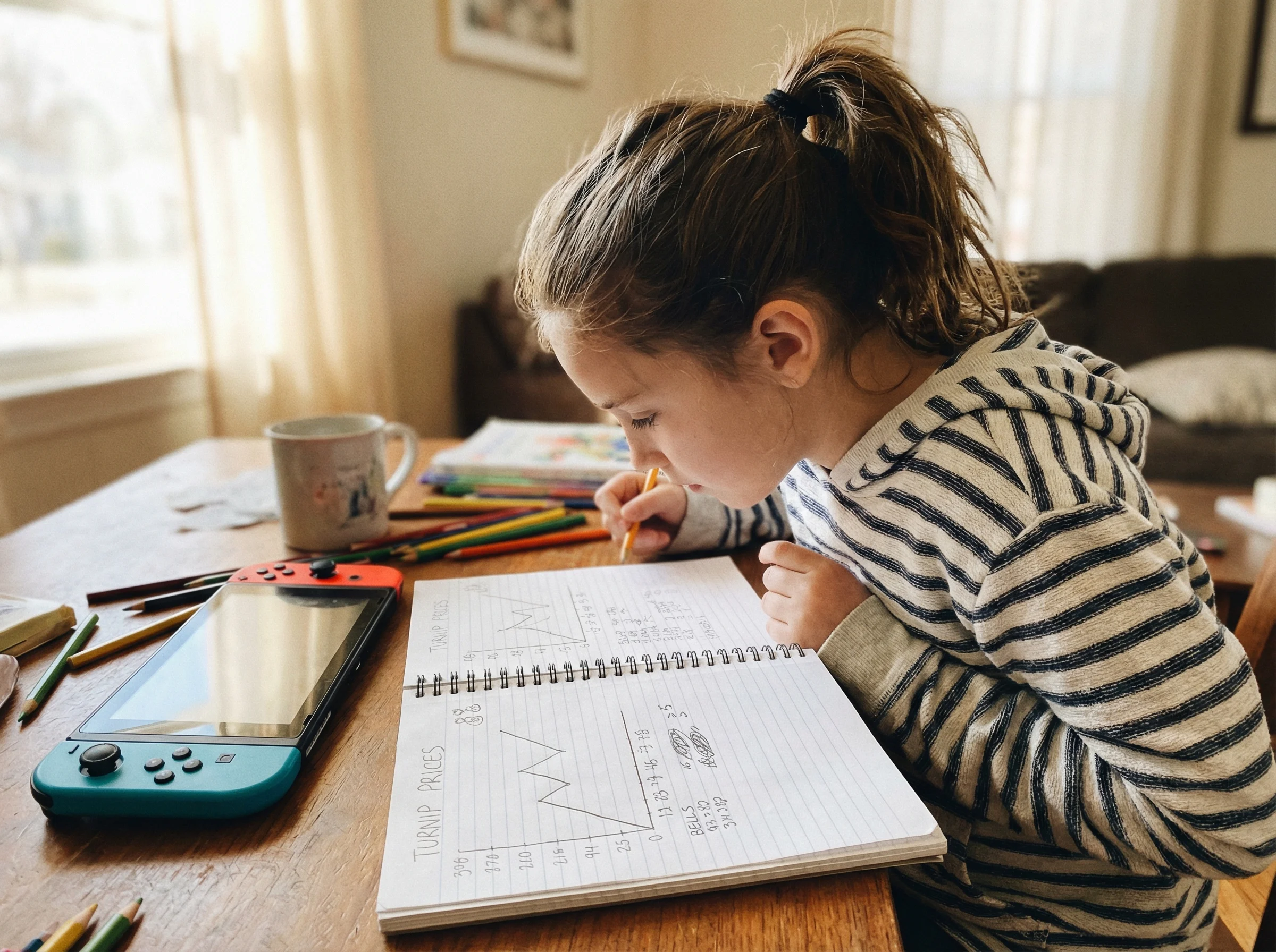 An 11-year-old girl at a desk with her Switch beside her, notebook open showing hand-drawn graphs and calculations about Anim