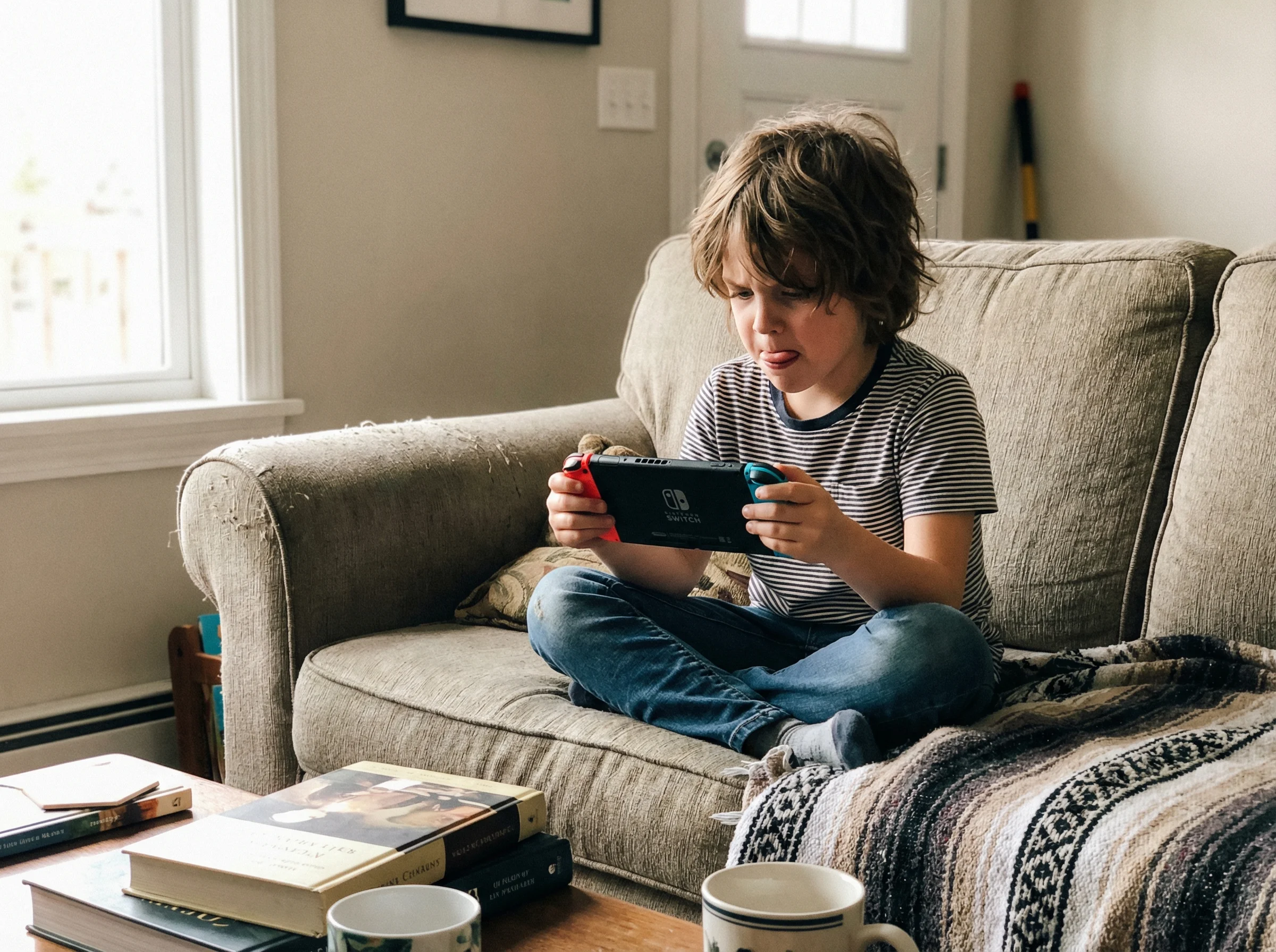 A young child around 7 years old concentrating intensely on a handheld gaming device, tongue slightly out in focus, sitting c