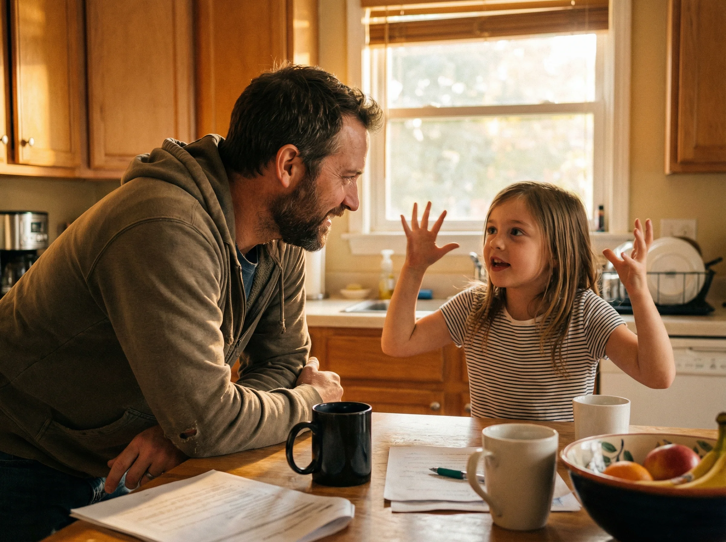 A dad and daughter sitting at a kitchen table, the daughter animatedly explaining something with hand gestures while the dad