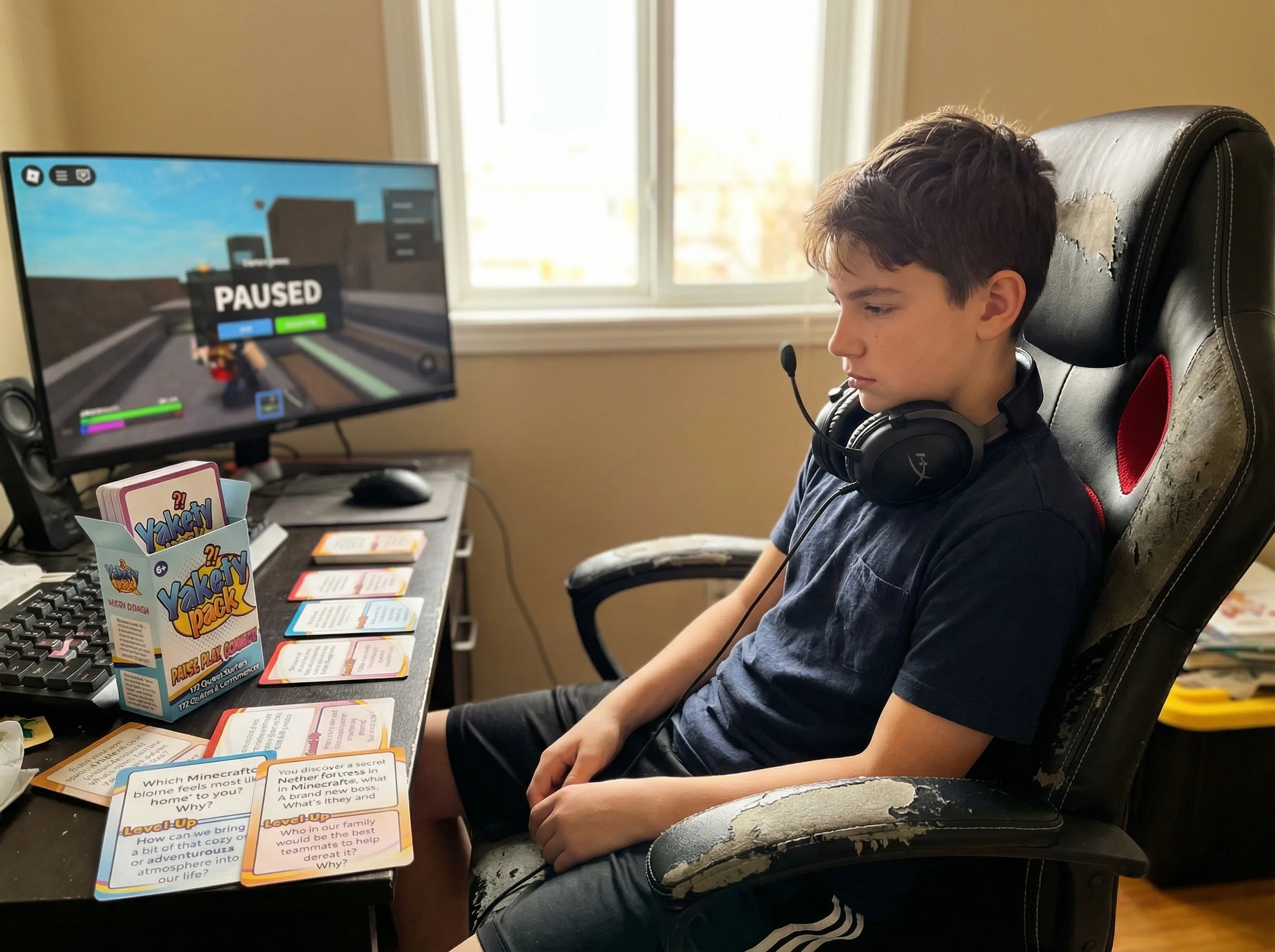 A teenage boy sitting alone in his gaming chair, headset around his neck, looking thoughtful and slightly defeated but determ