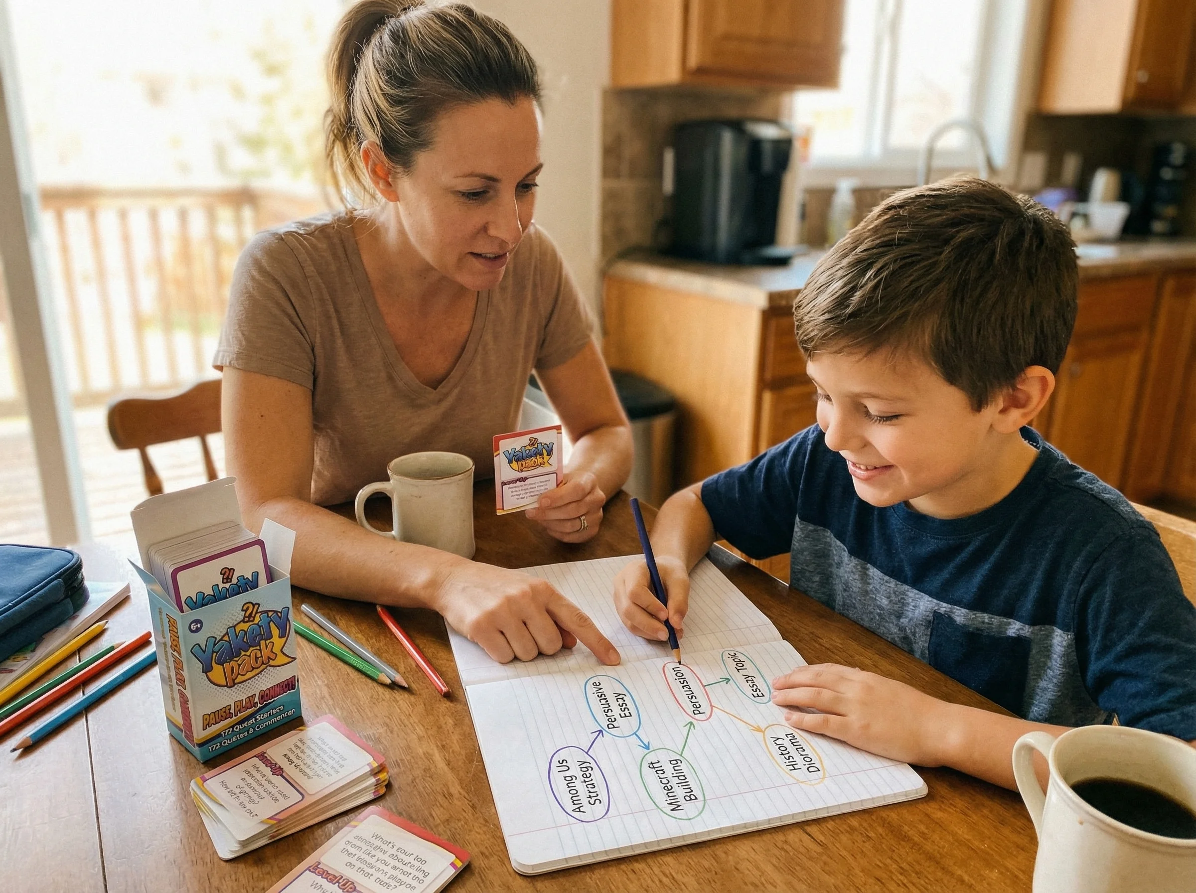 A parent and child looking at a notebook together where the child is drawing connections between game strategies and a school