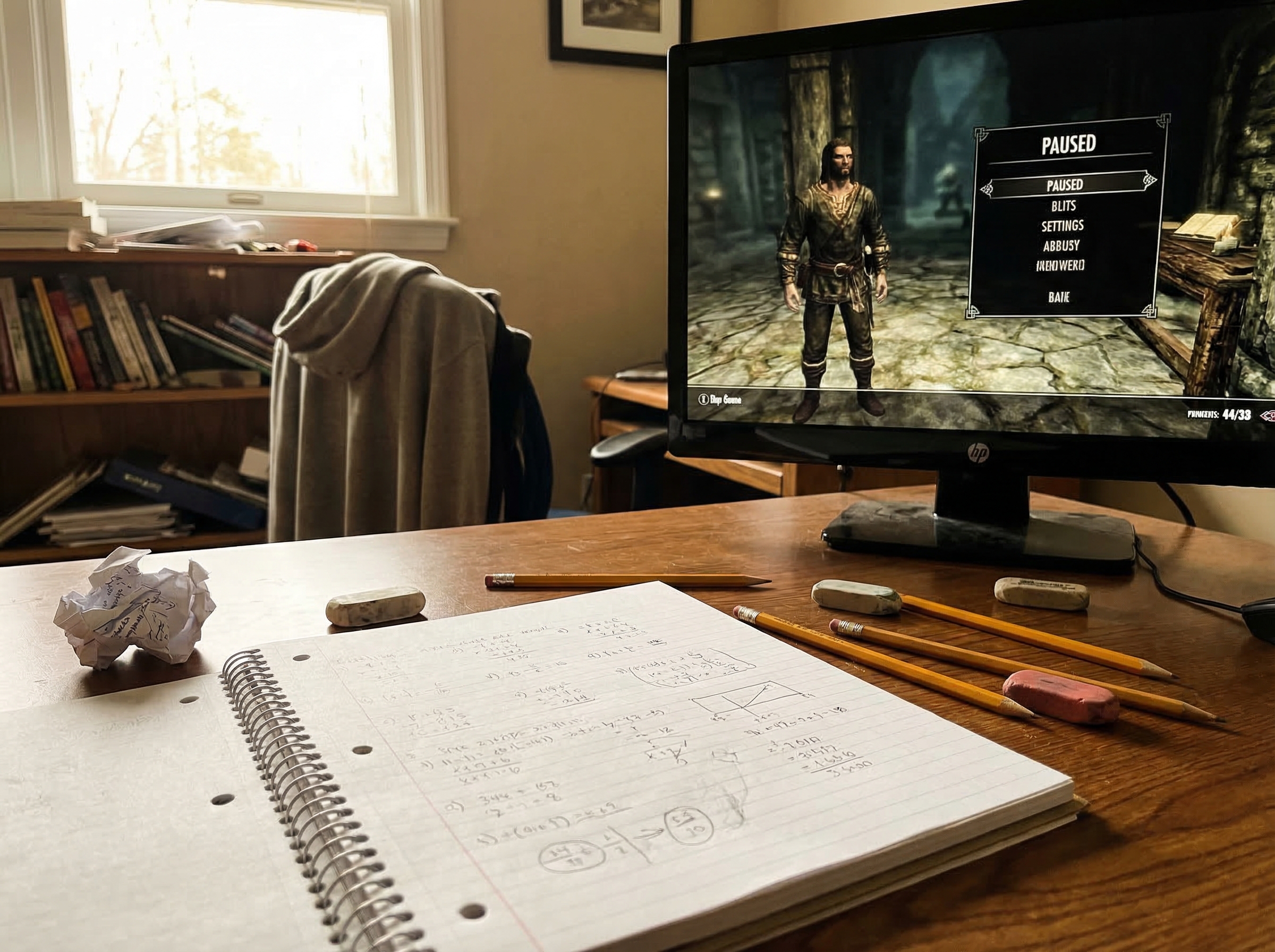 A boy's bedroom desk with a notebook open showing calculations and diagrams, a game paused on the monitor in the background, 