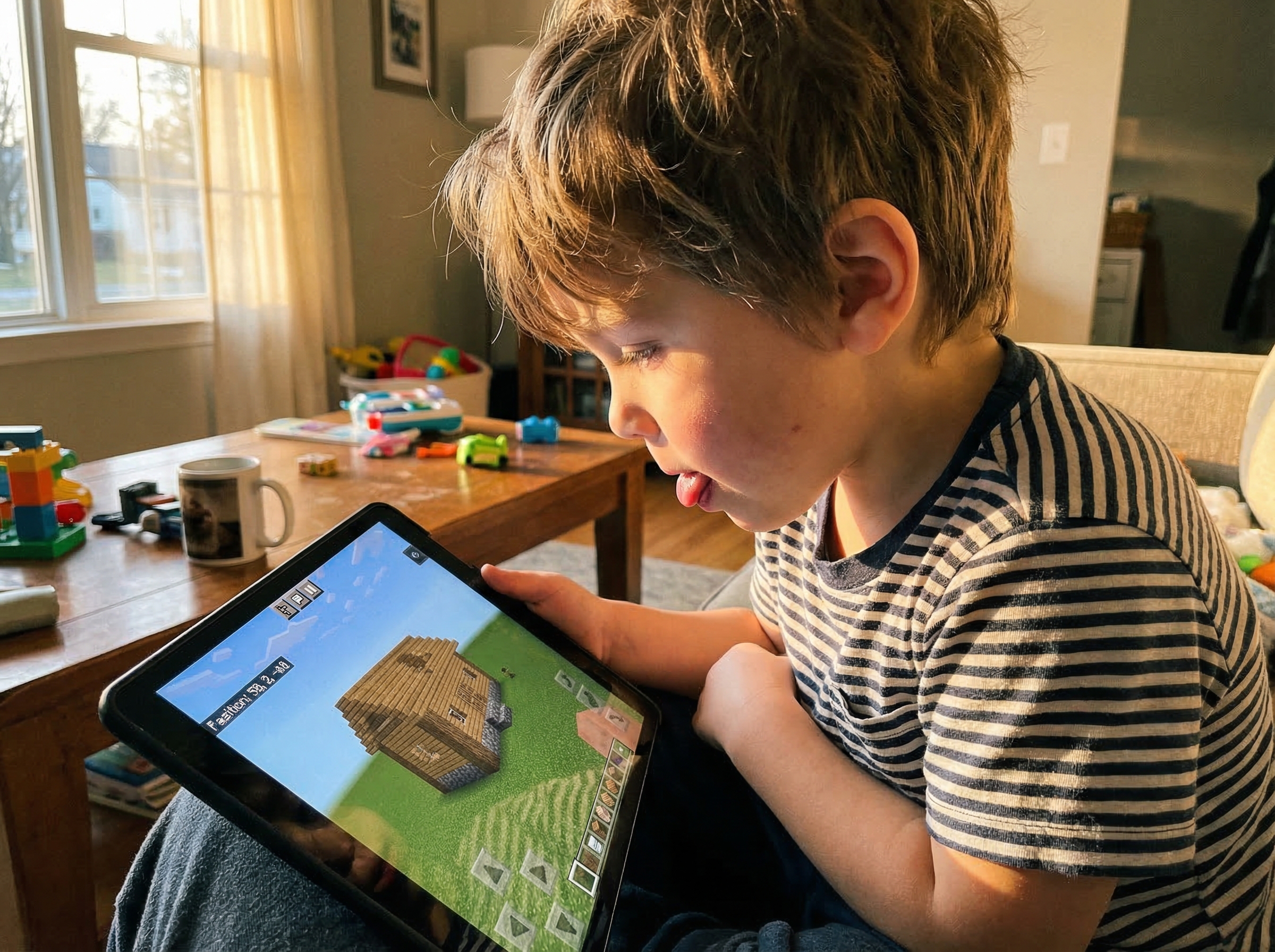 A young child focused intently on a tablet screen, building something in Minecraft Creative mode, tongue slightly out in conc