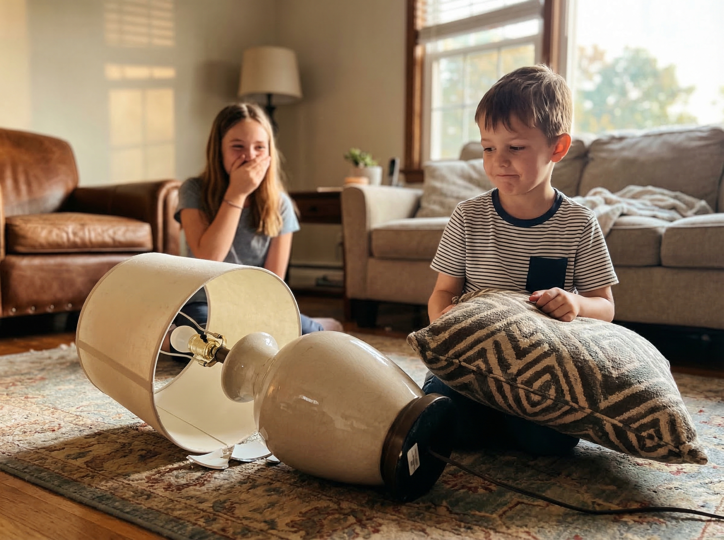 A living room scene with a broken table lamp on the floor, a sheepish-looking kid holding a throw pillow, sister in the backg