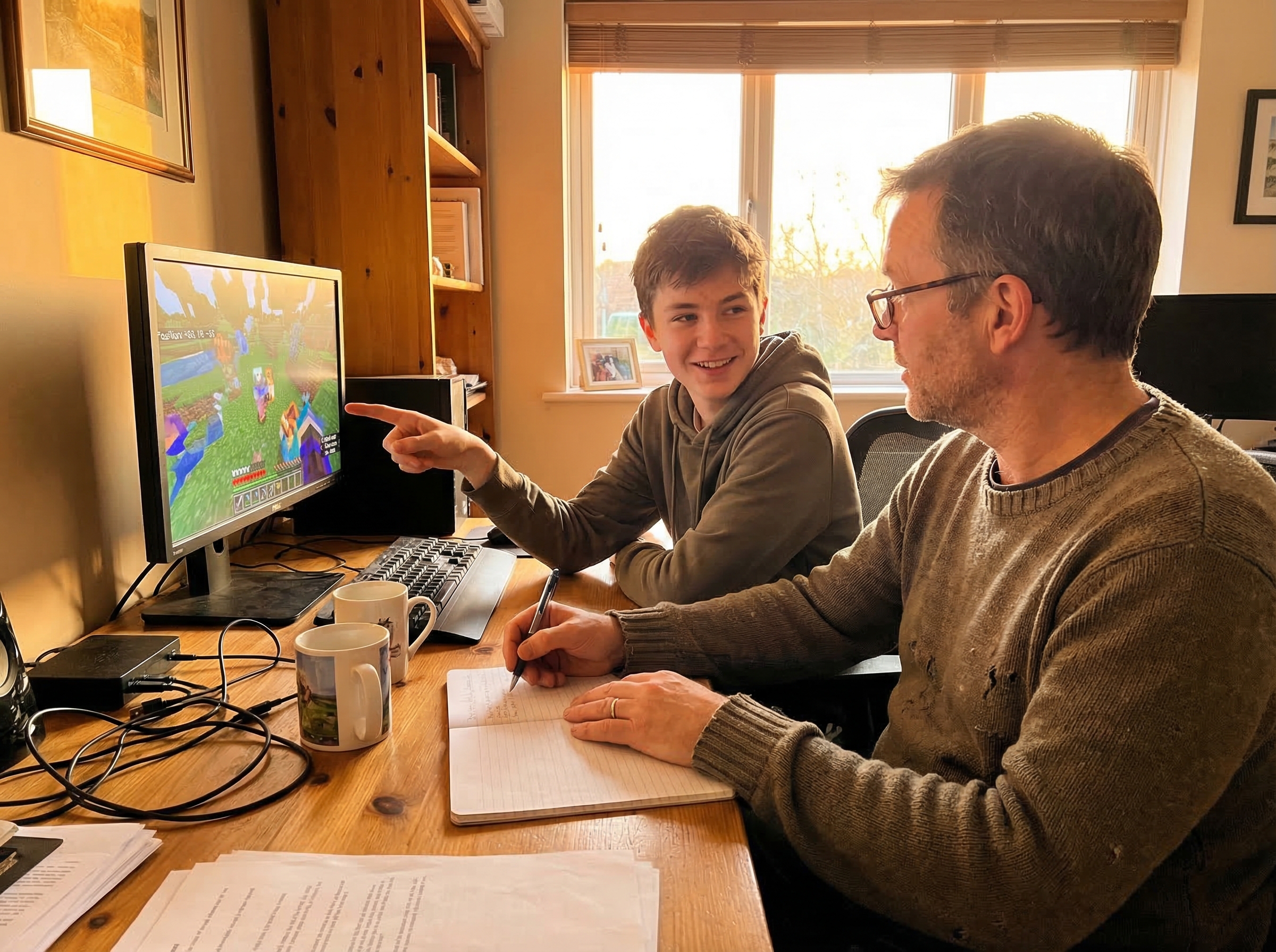 Father and son sitting side by side at a desk, son pointing at game screen while dad takes notes, both engaged in conversatio
