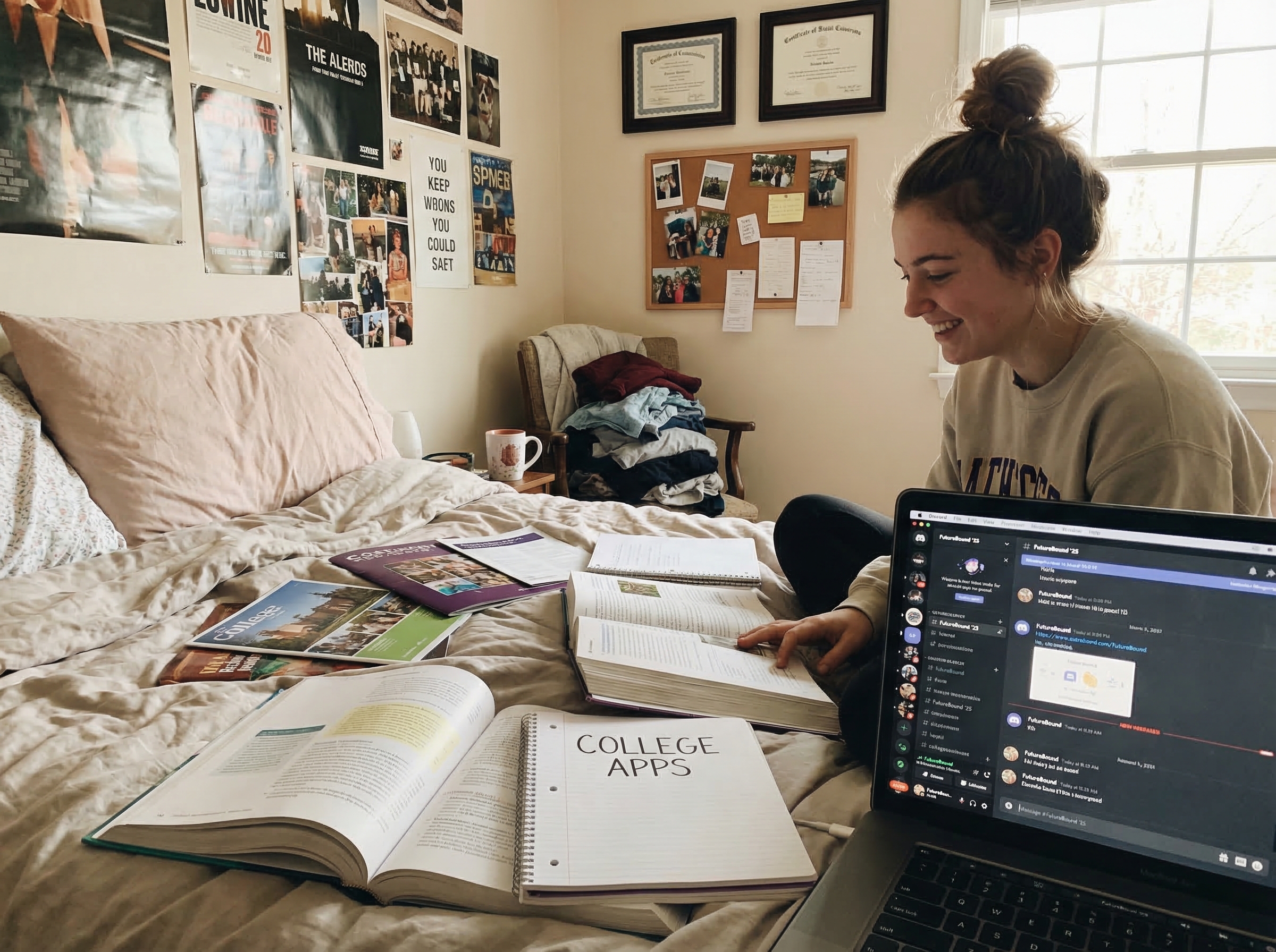 A teenage girl's room with college planning materials spread on bed, laptop showing a Discord server she manages, certificate