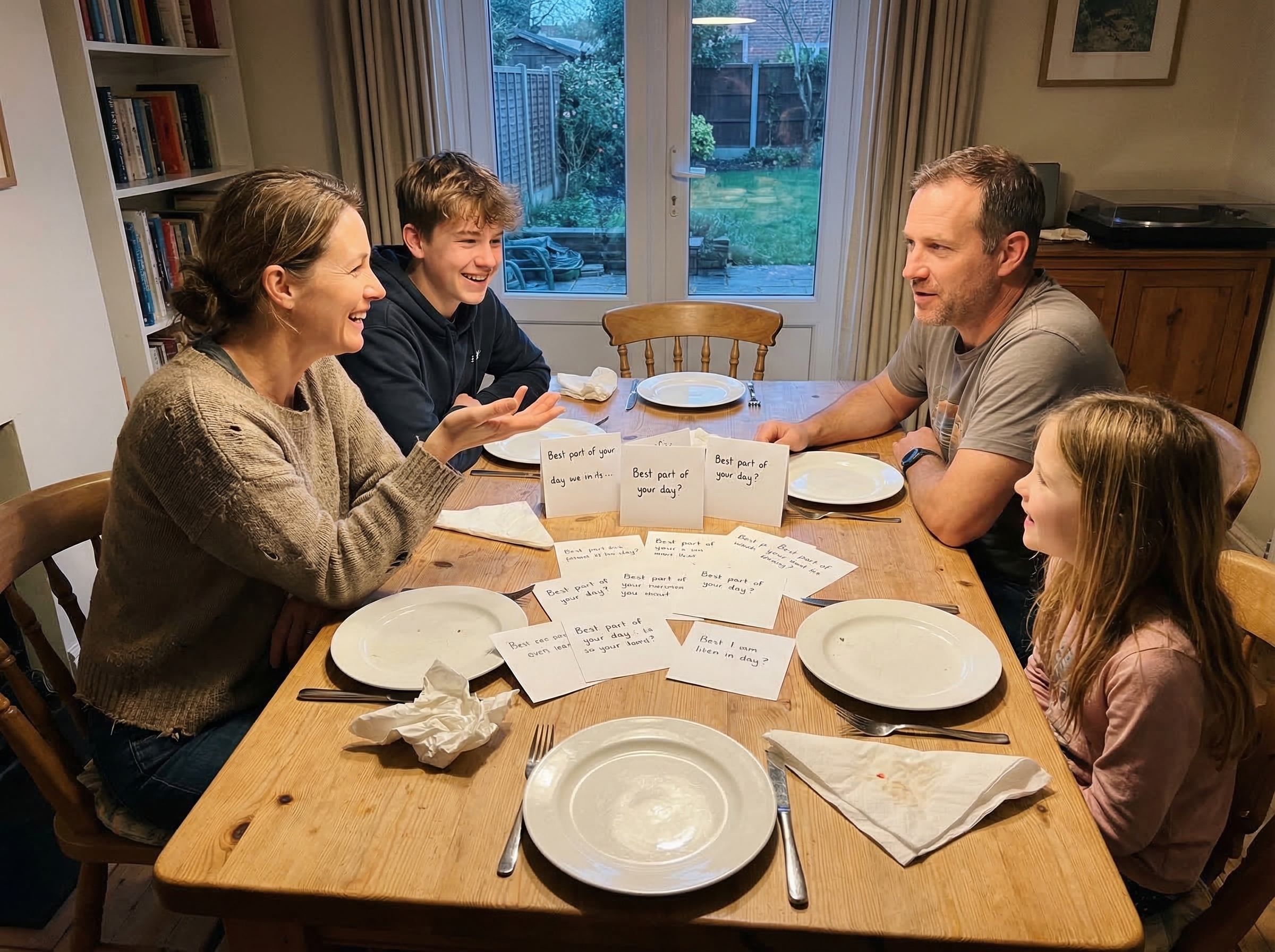 A family dinner table with conversation cards spread out, parents and kids mid-discussion, genuine smiles and engagement, dis