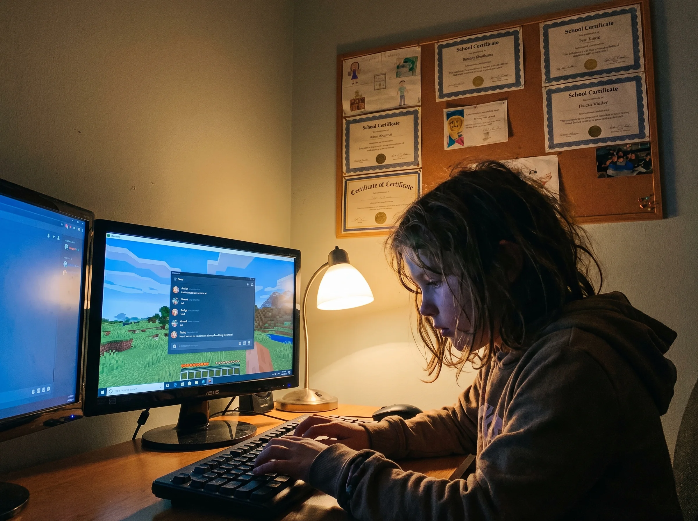 10-year-old girl at desk with dual monitors showing Minecraft, focused expression as she types in chat, room lit by screen gl