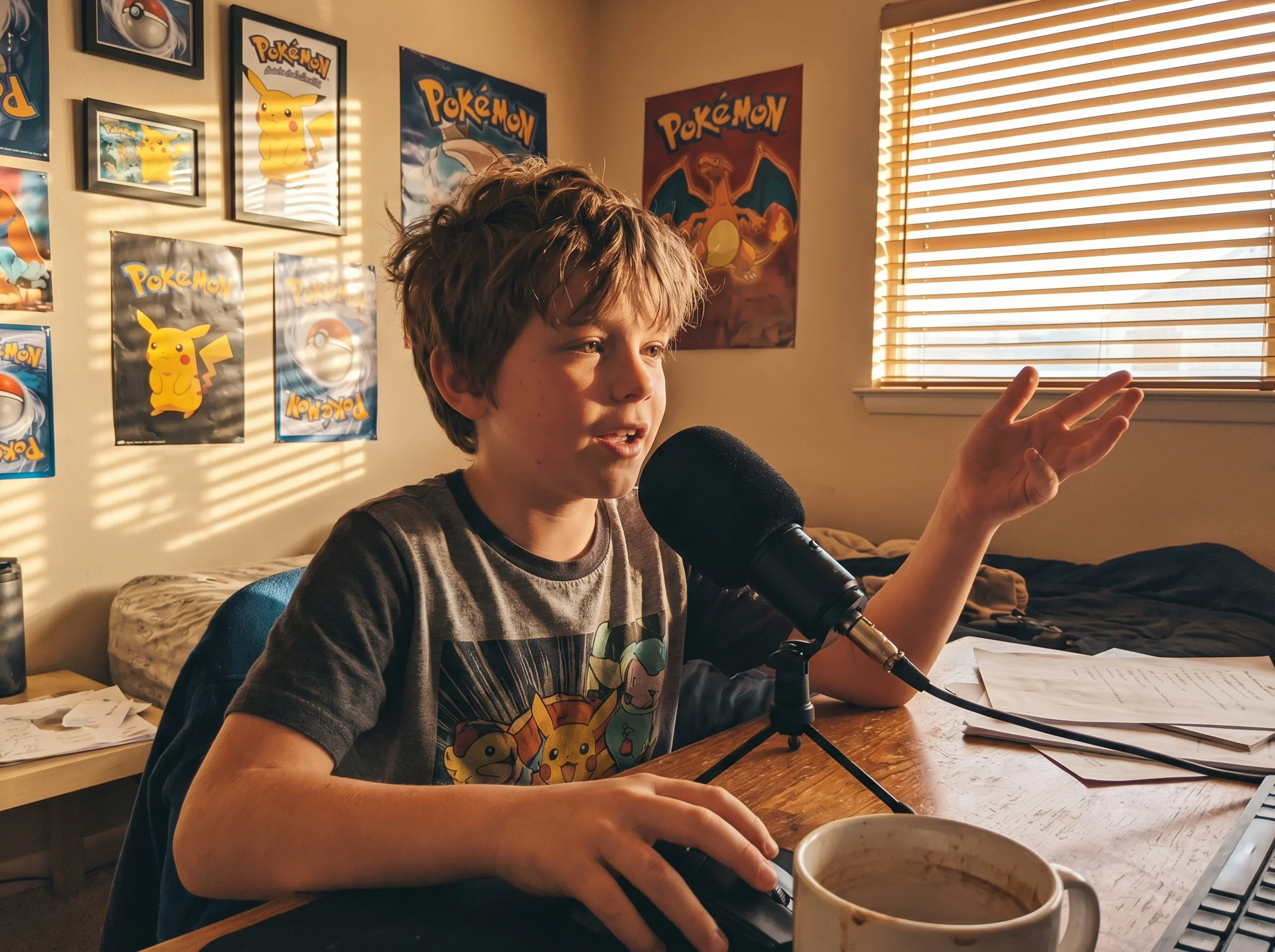 Young boy around 9 years old speaking confidently into gaming microphone, gesturing with one hand while other hand on mouse,