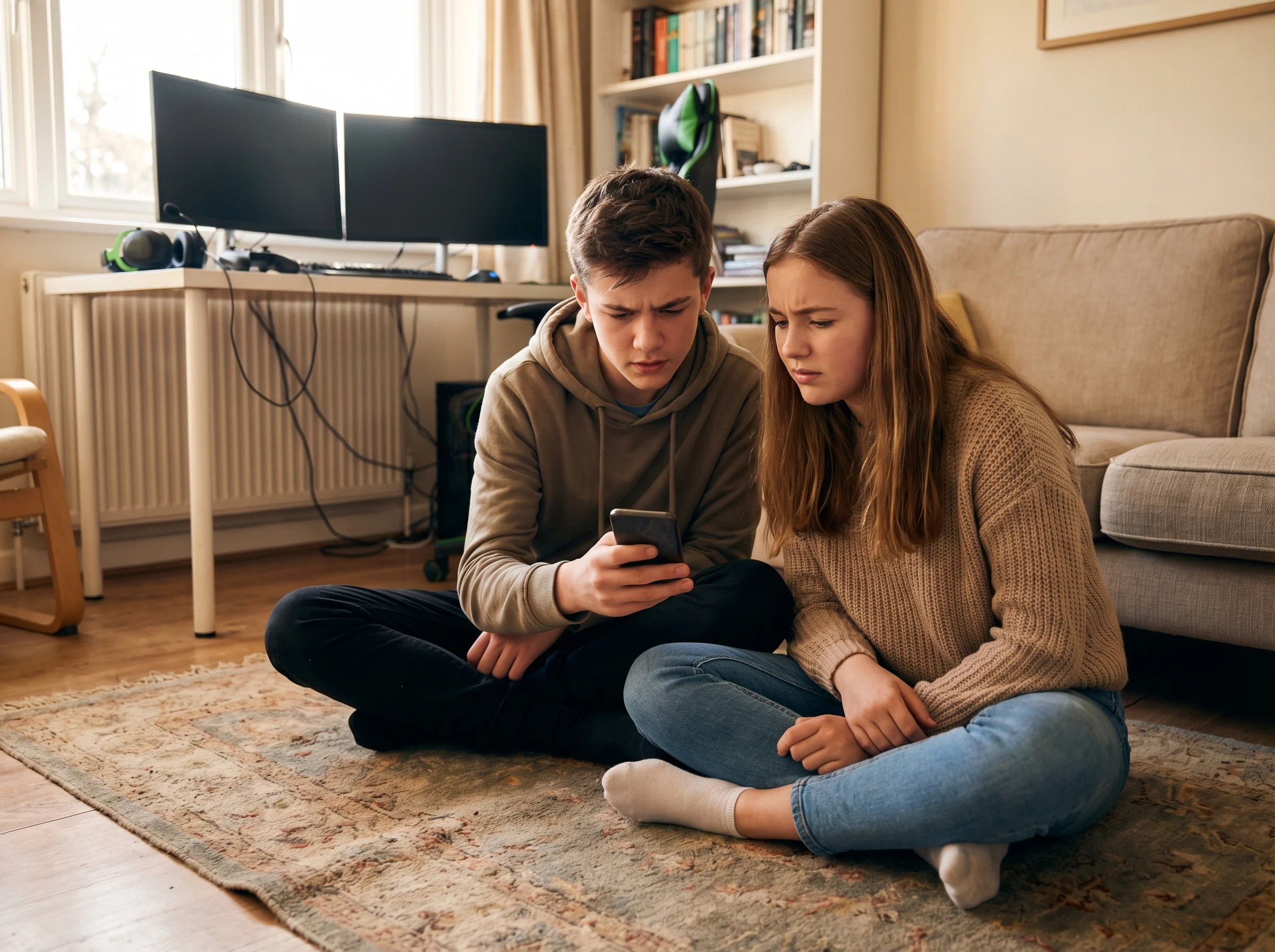 Teen boy and girl sitting together on living room floor, boy showing something on his phone screen to his sister, both with c