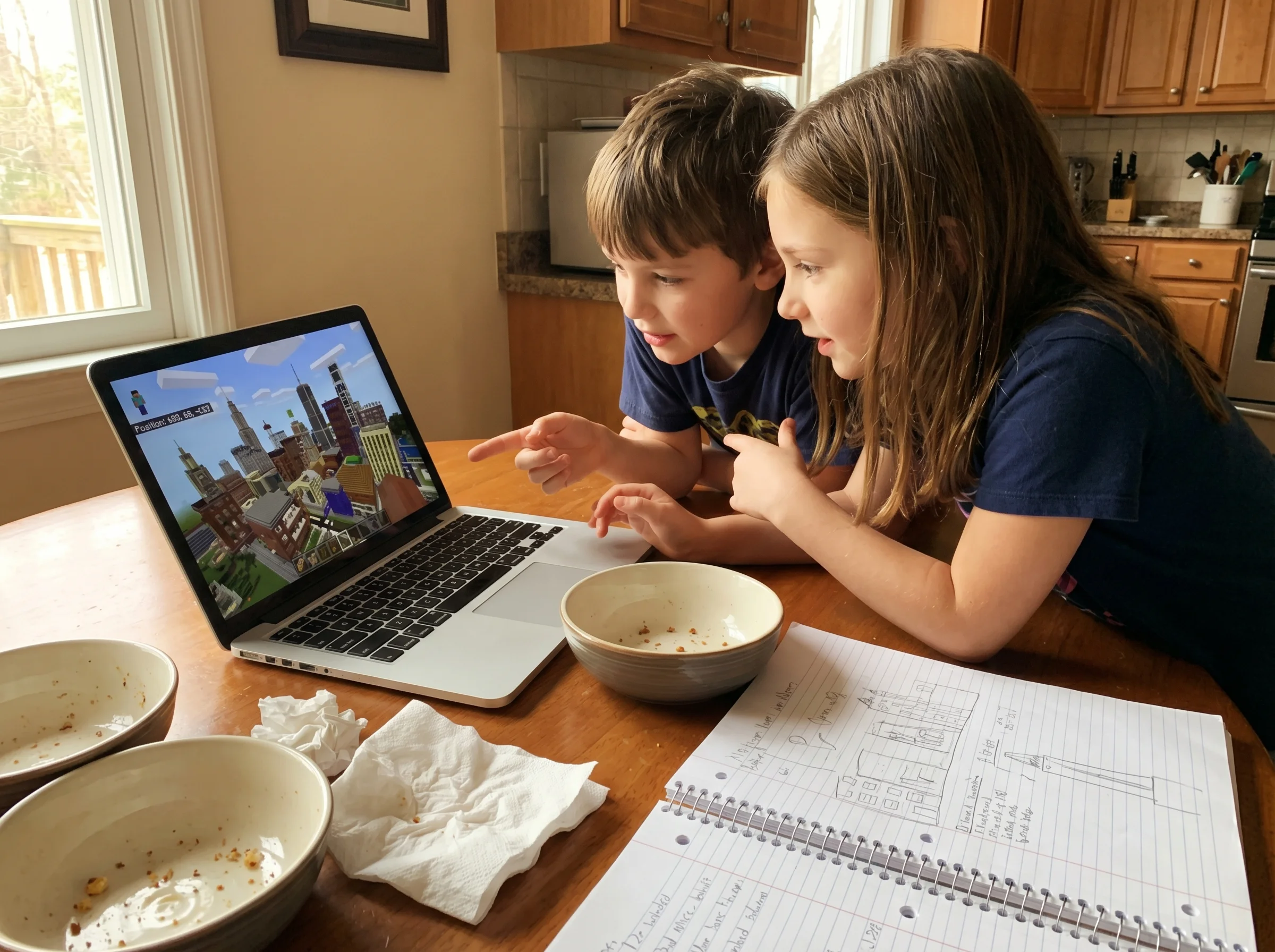 Two siblings ages 10 and 12 huddled around shared laptop screen showing elaborate Minecraft city, pointing and discussing the