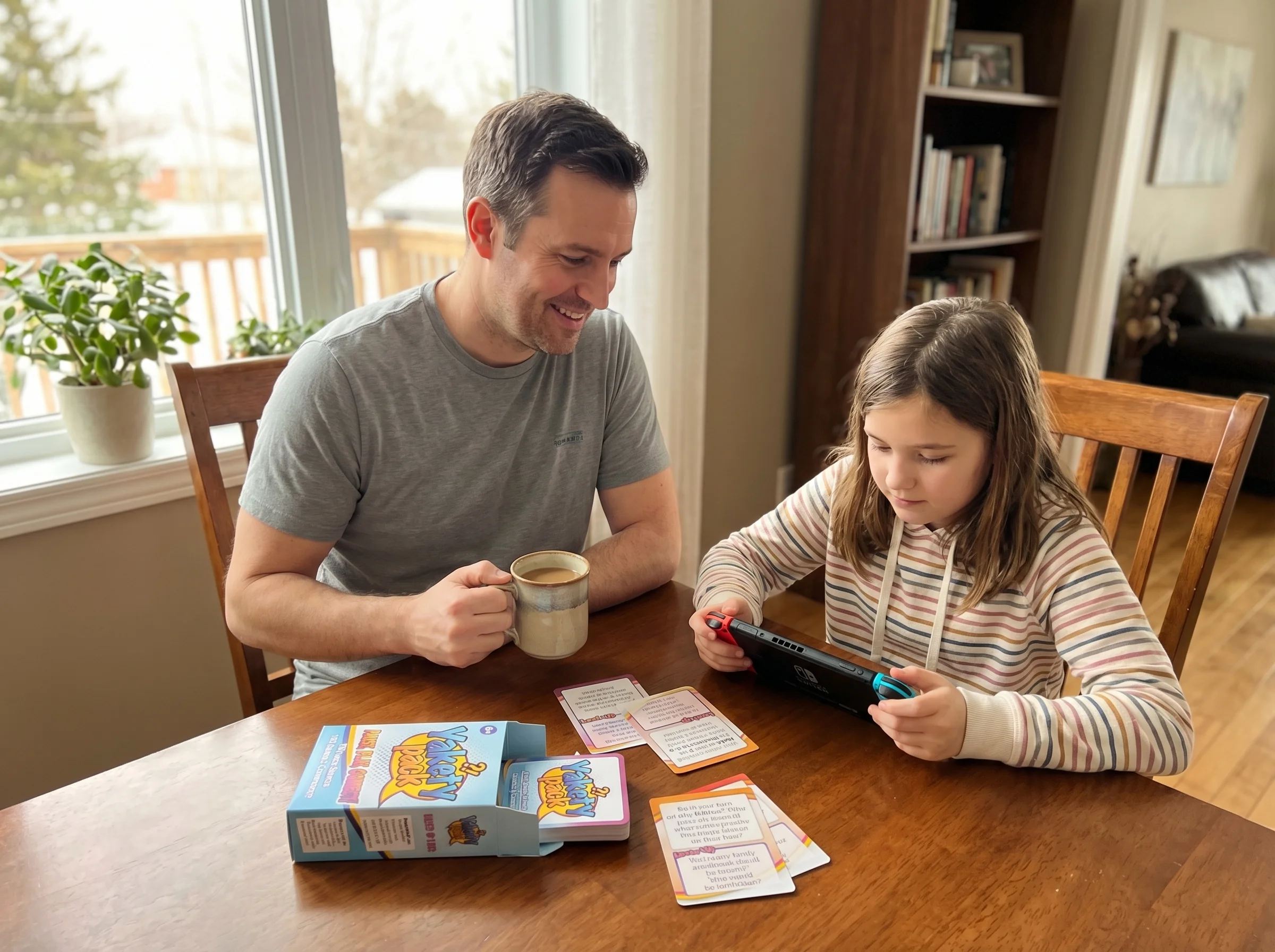 Father and daughter sitting side by side at dining table, dad with coffee watching as daughter plays on her Nintendo Switch,