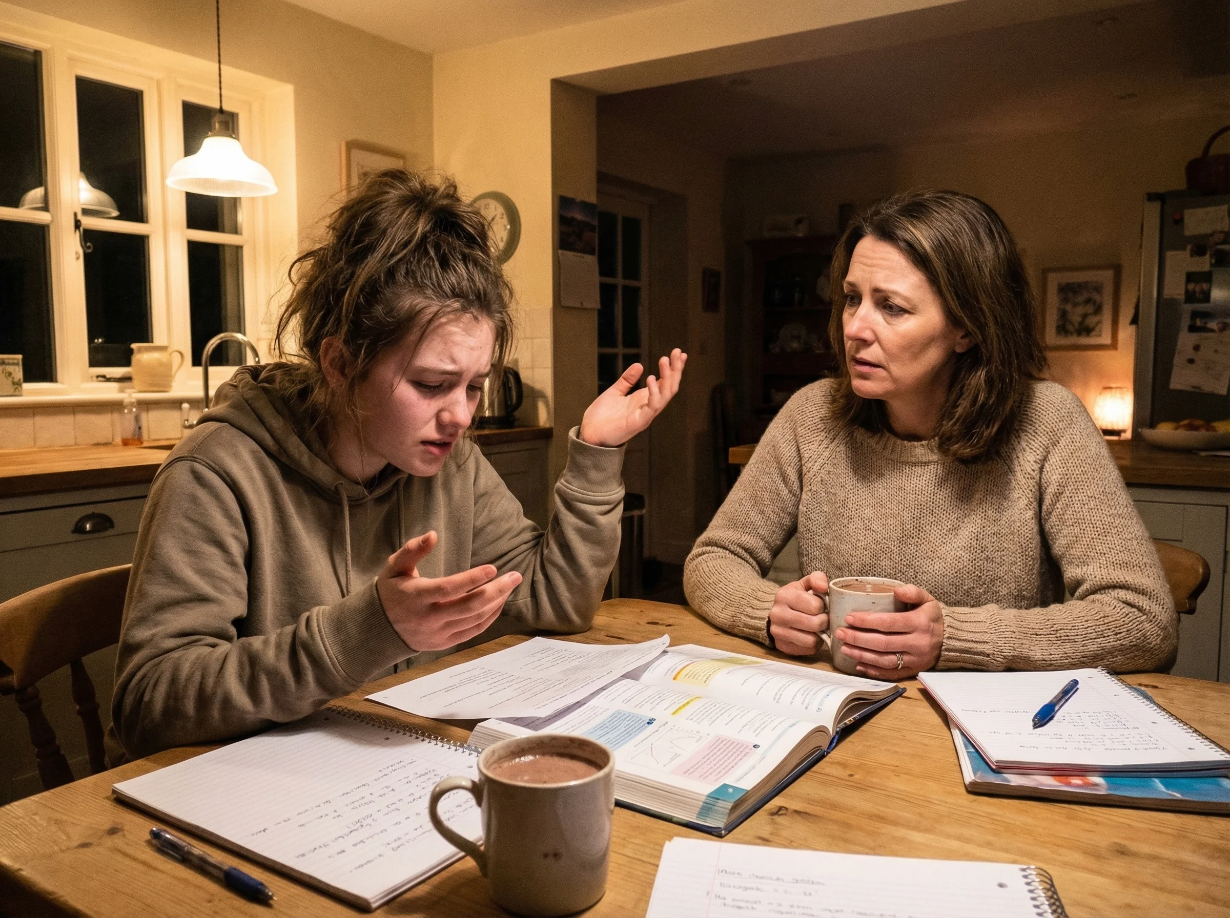 Teenage daughter at kitchen table doing homework, looking frustrated while talking to her mom who sits across from her listen