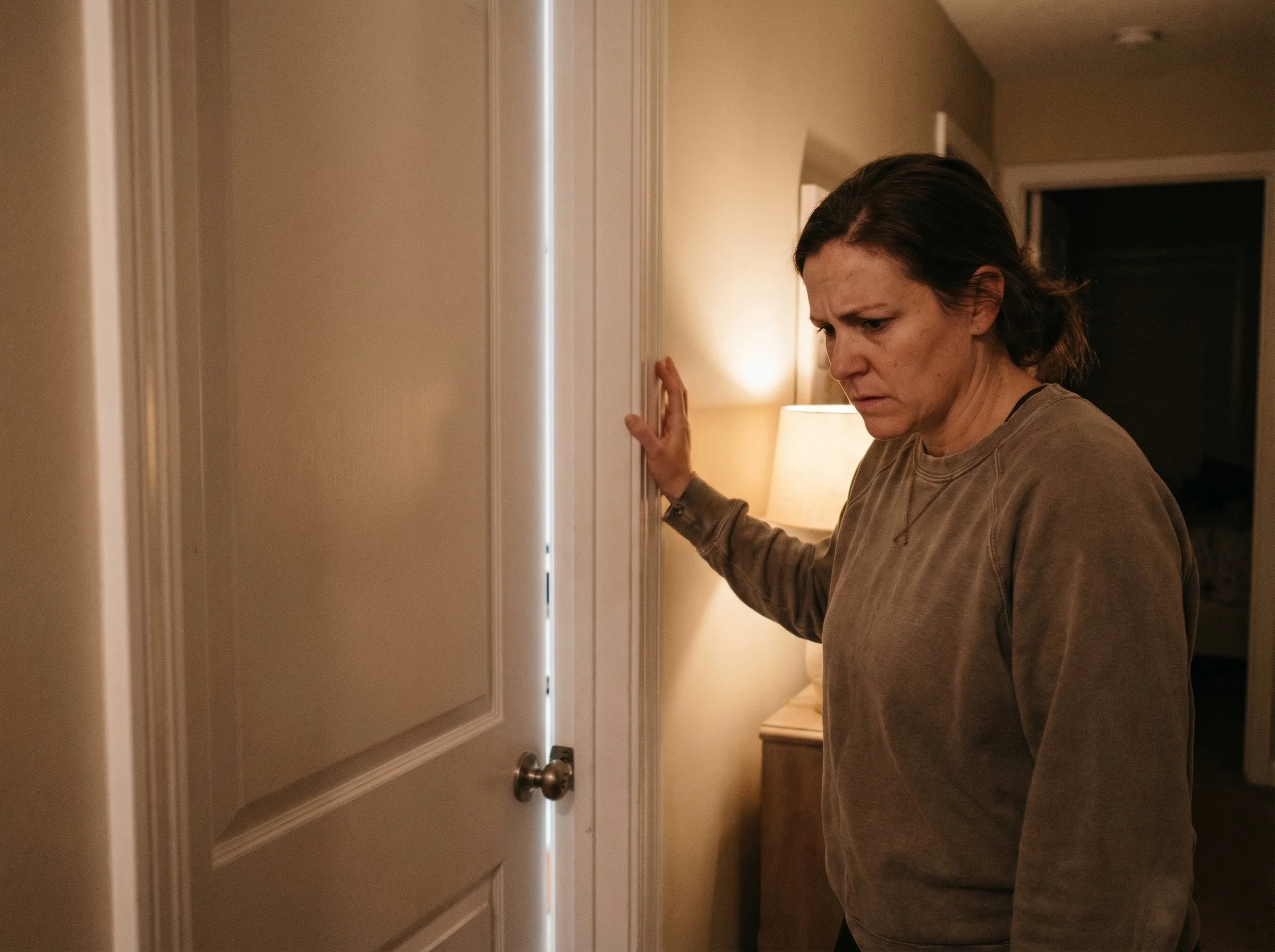Parent looking concerned while overhearing their child's gaming conversation from outside bedroom door, hallway lighting, han