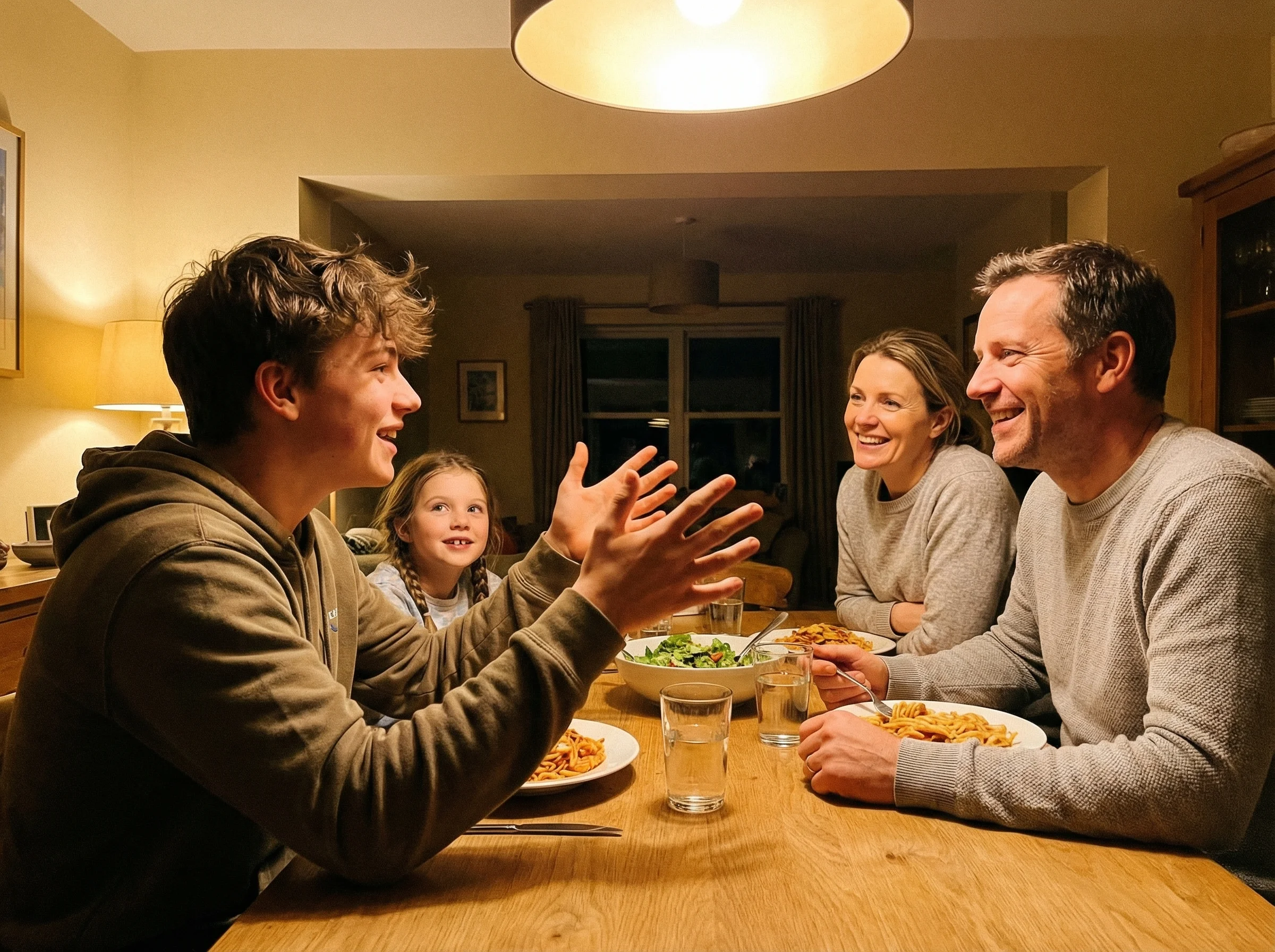 Family at dinner table, teen excitedly using hand gestures to explain something game-related while parents and sibling listen