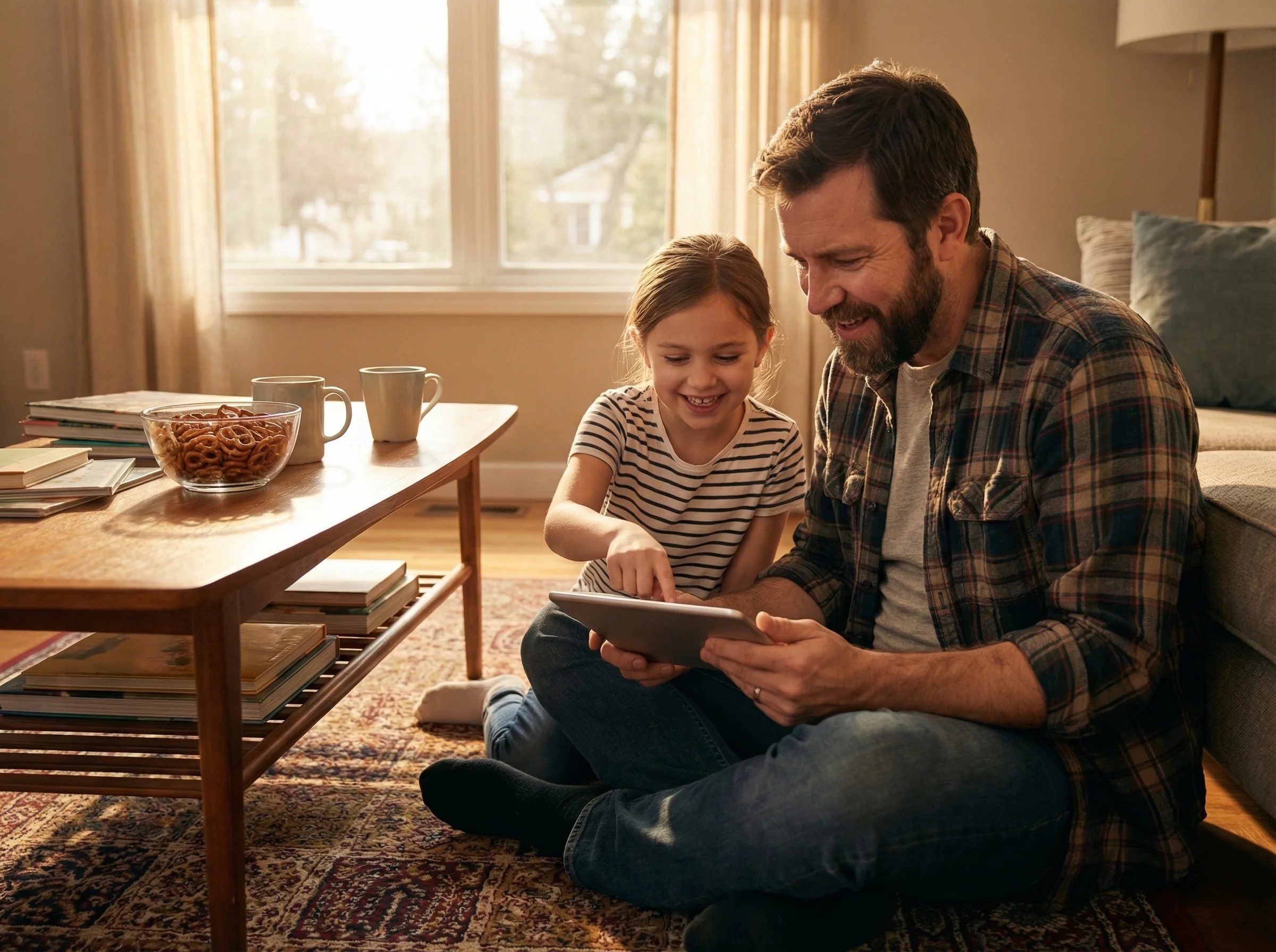 Dad and daughter sitting side by side on living room floor, daughter teaching dad how to play Minecraft on a tablet, both smi