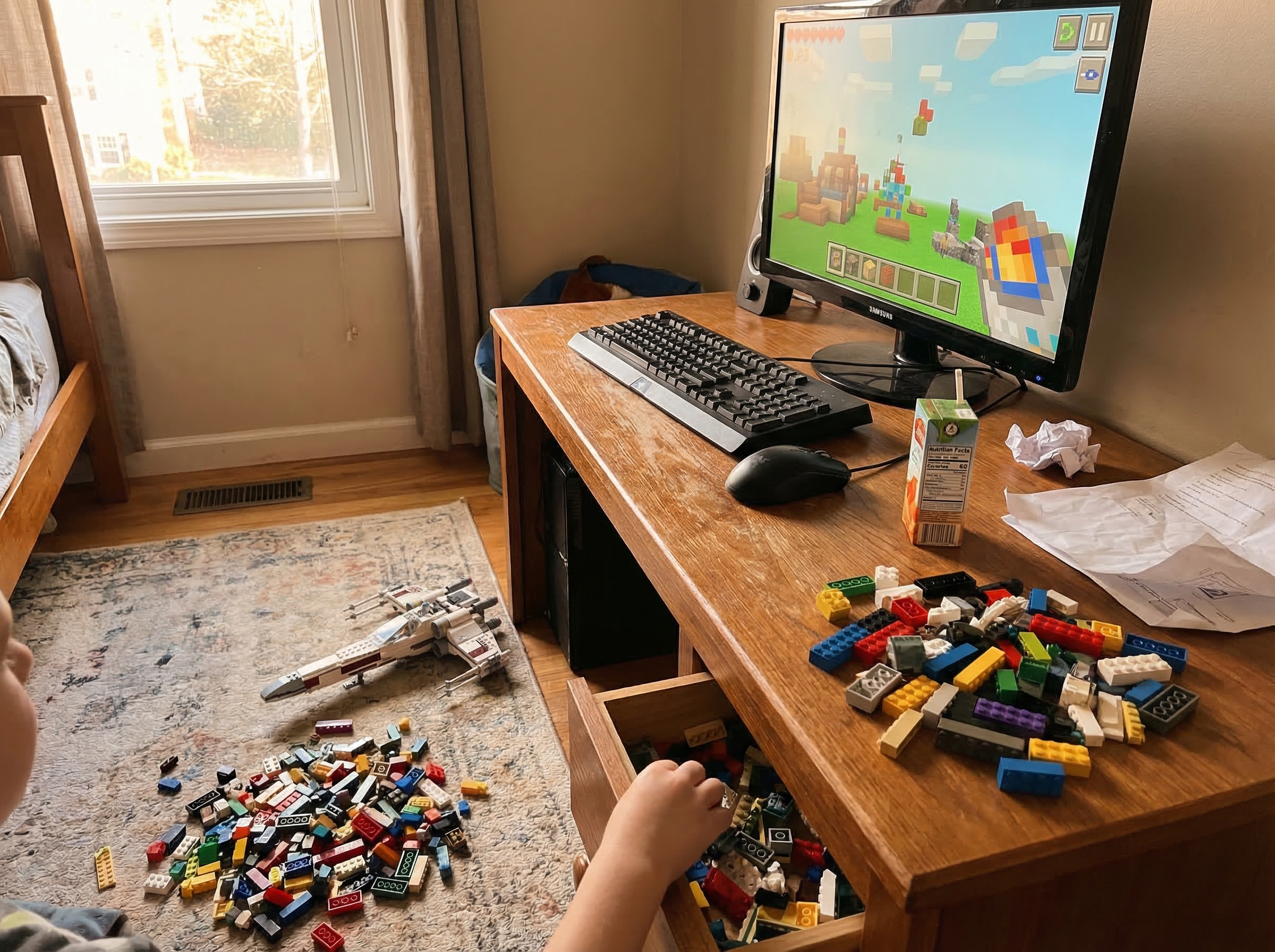 Gaming desk setup with LEGO blocks scattered nearby, a half-built creation visible, natural messy authenticity of a kid's gam