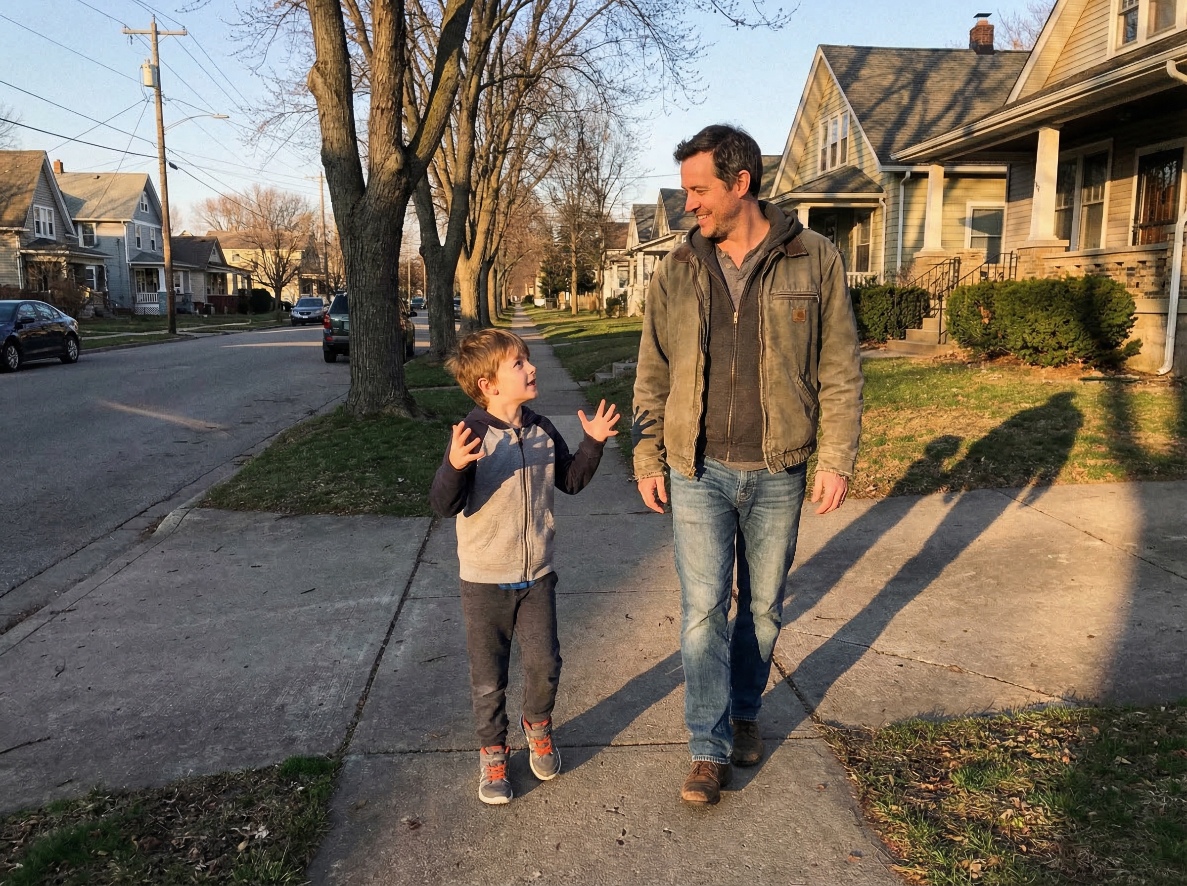 Dad and son walking together on a neighborhood sidewalk, son gesturing animatedly while explaining something, both in casual