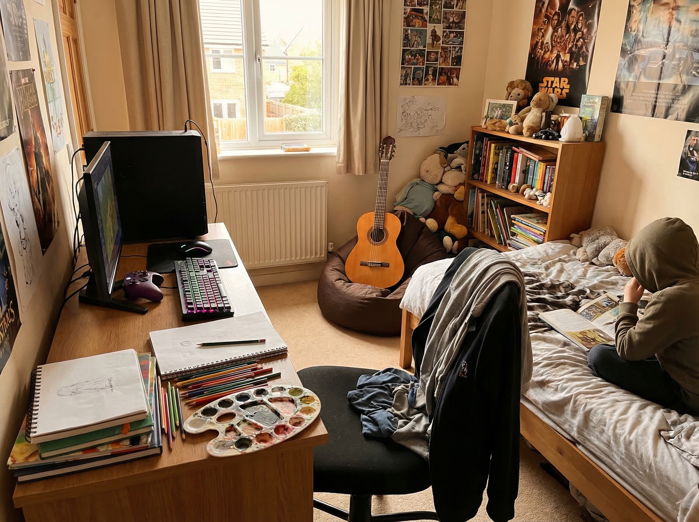 Kid's bedroom showing multiple interests - gaming setup visible but also art supplies on desk, guitar in corner, books on she