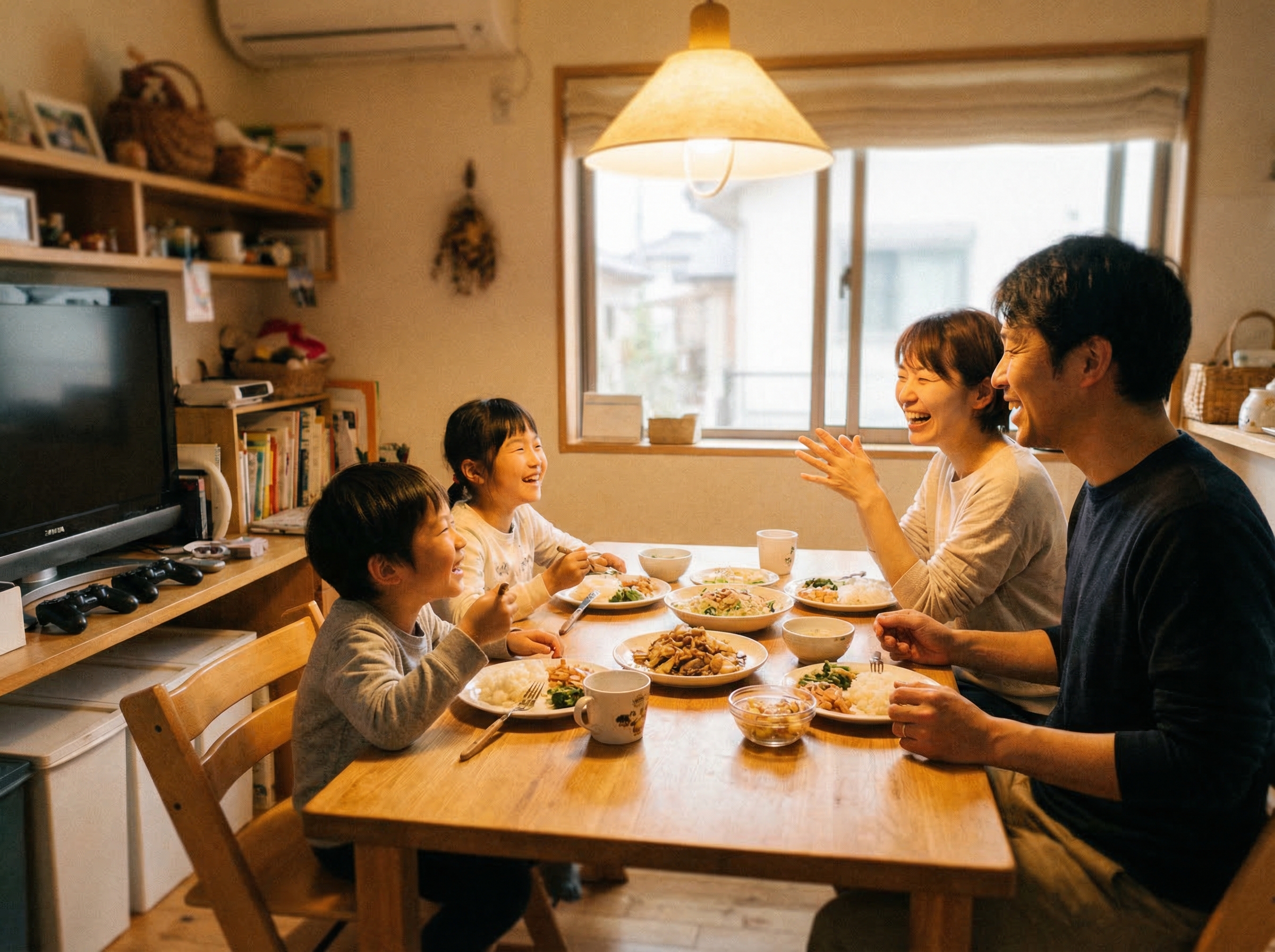 Family dinner table with gaming controller visible in background, everyone engaged in conversation, warm kitchen lighting, au