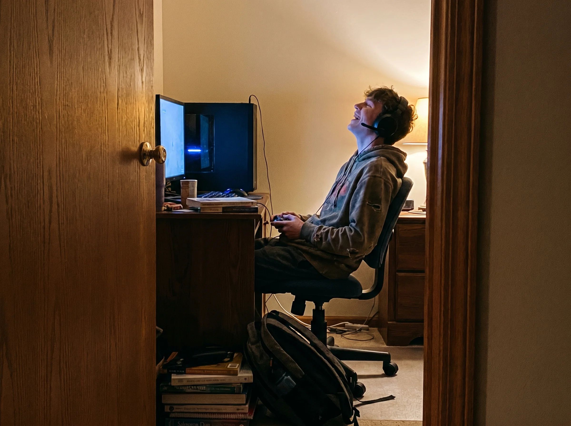 A teenage boy wearing headphones at a desk, laughing while gaming, soft blue monitor light on his face, candid moment shot th