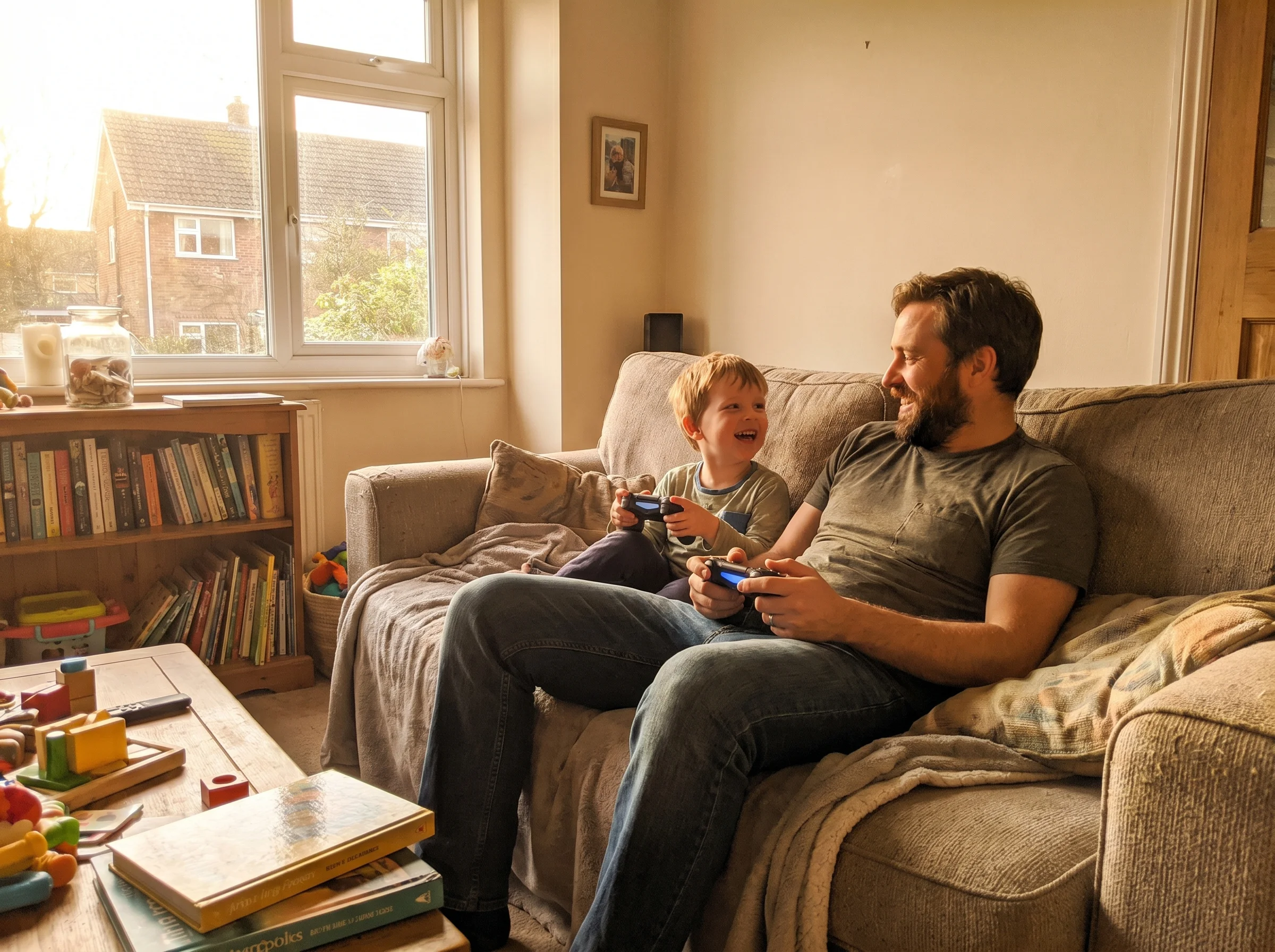 A father and son sitting on a couch with game controllers, mid-conversation, both smiling, living room background, warm natur