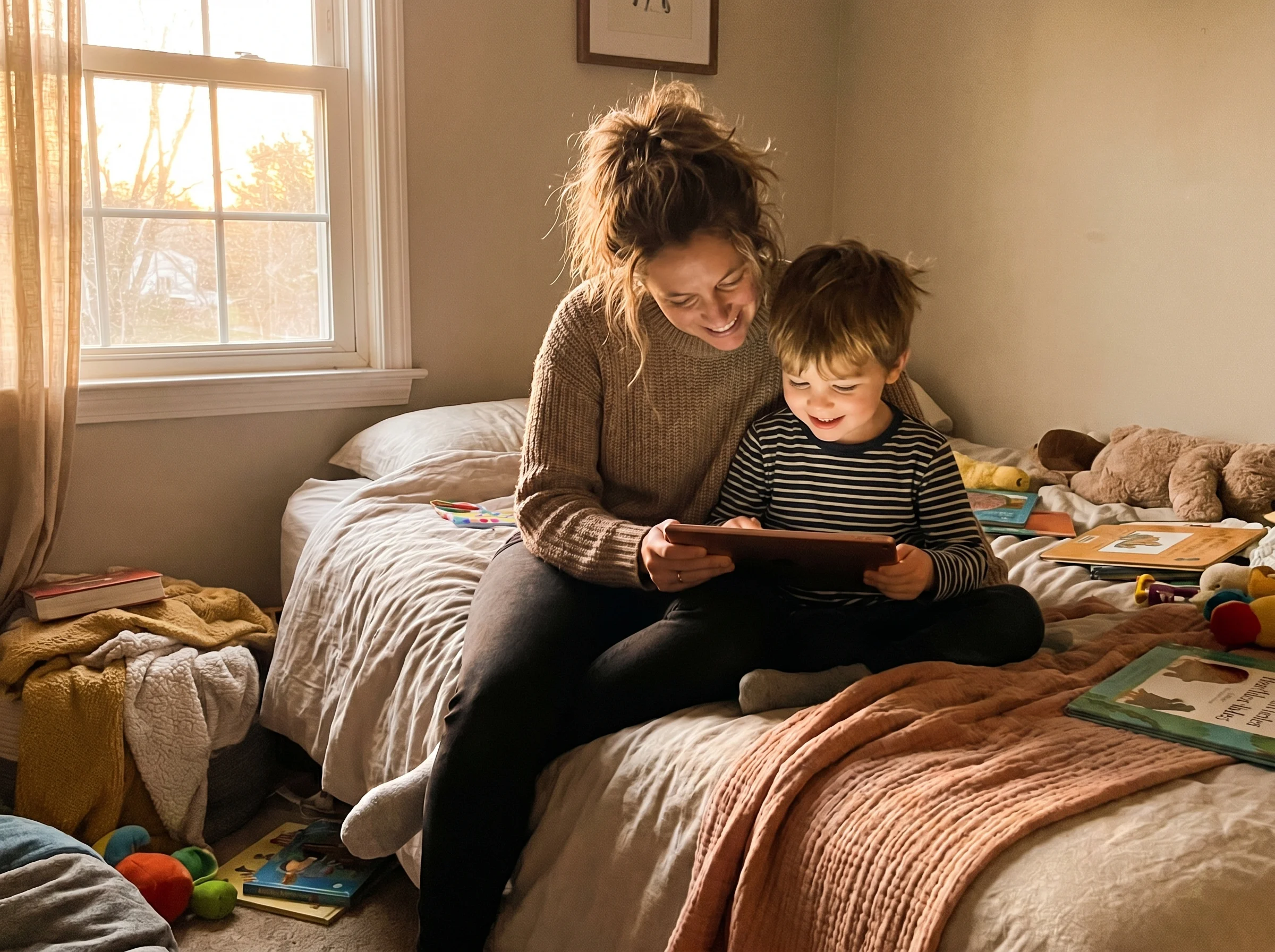 A mom sitting on the edge of a bed leaning over to look at a tablet her young son is holding, both focused on the screen, bed