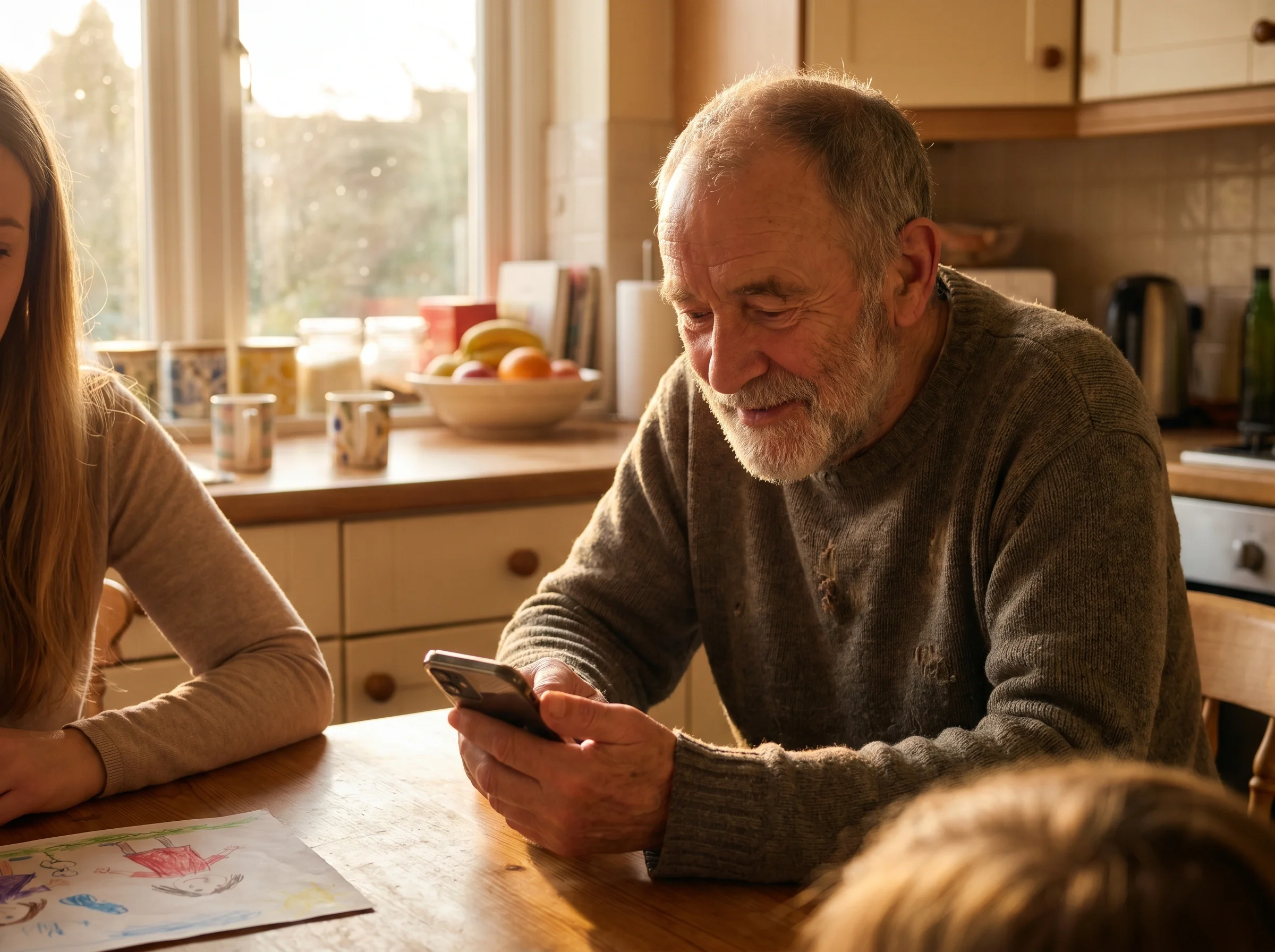 A grandfather looking at a smartphone screen with curiosity, smiling, sitting in a kitchen, warm afternoon light, candid fami