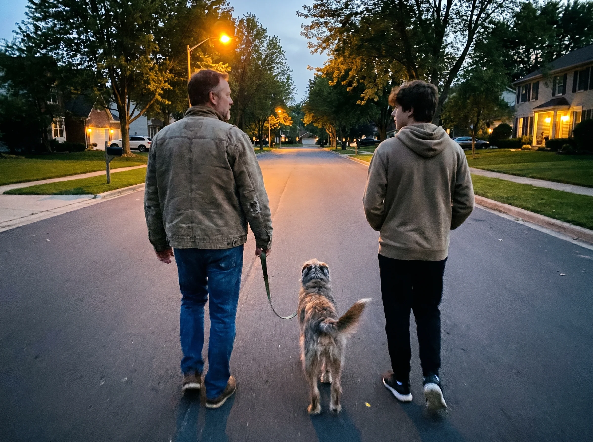 A dad and teenage son walking a dog together on a quiet neighborhood street at dusk, both relaxed, no eye contact, shot from