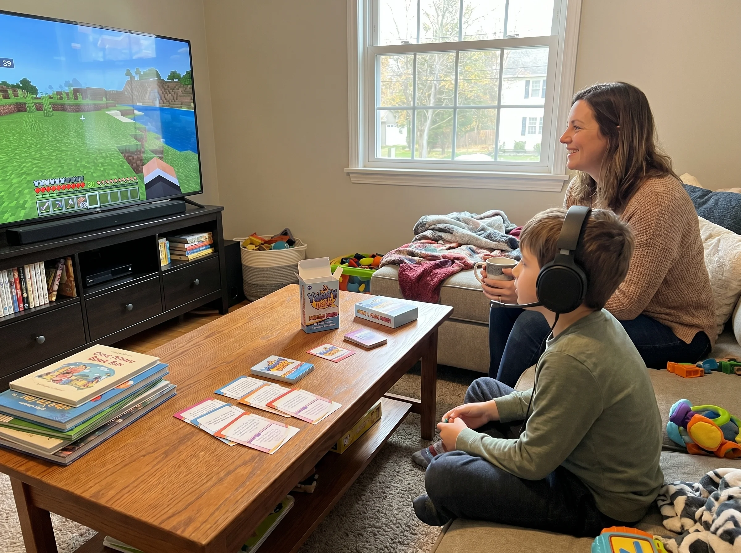 A parent quietly watching their kid play a video game from across the room, kid focused on screen with headphones on, natural