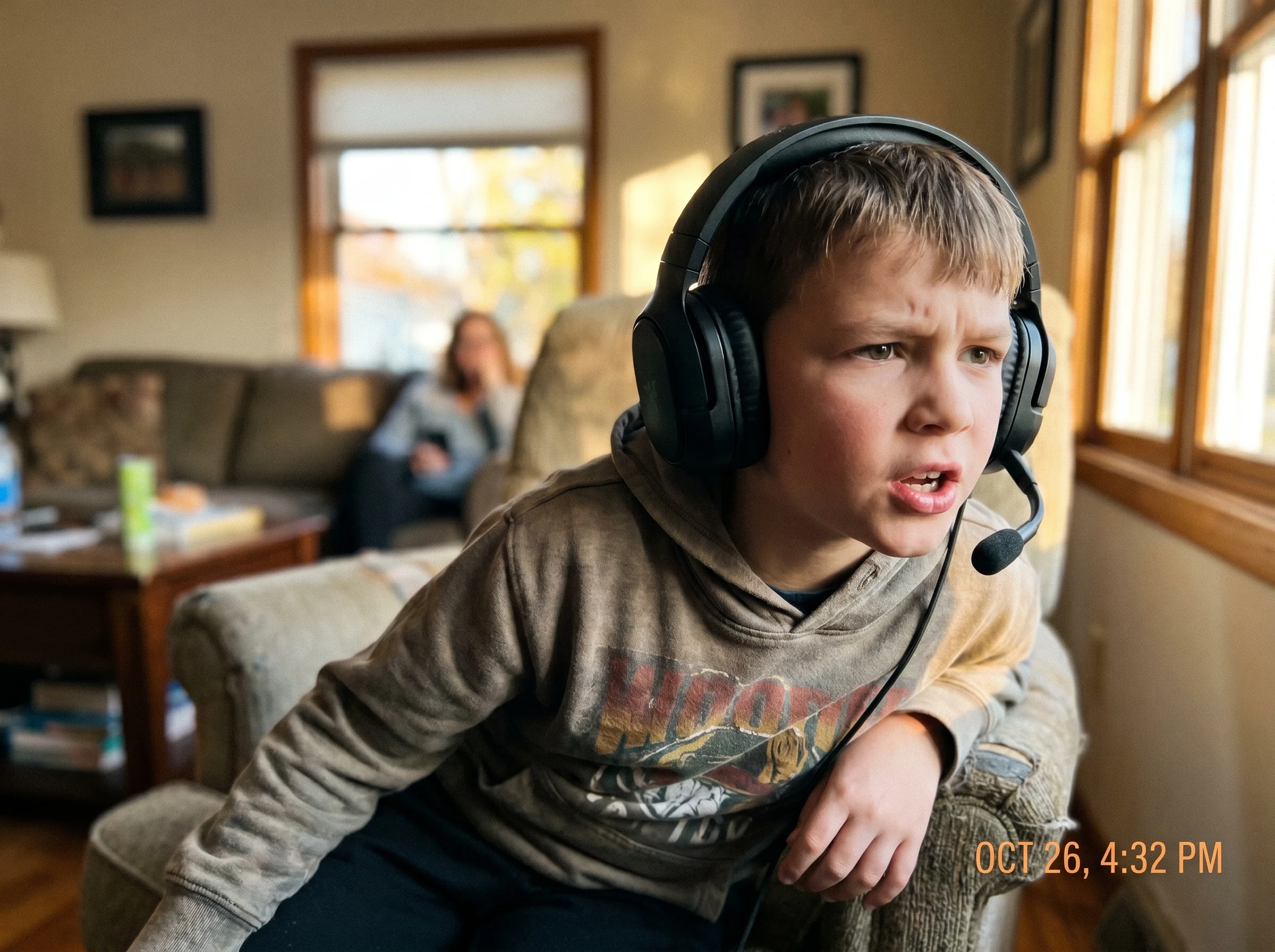 A kid wearing a gaming headset, mid-conversation with teammates, mouth open mid-sentence, focused expression