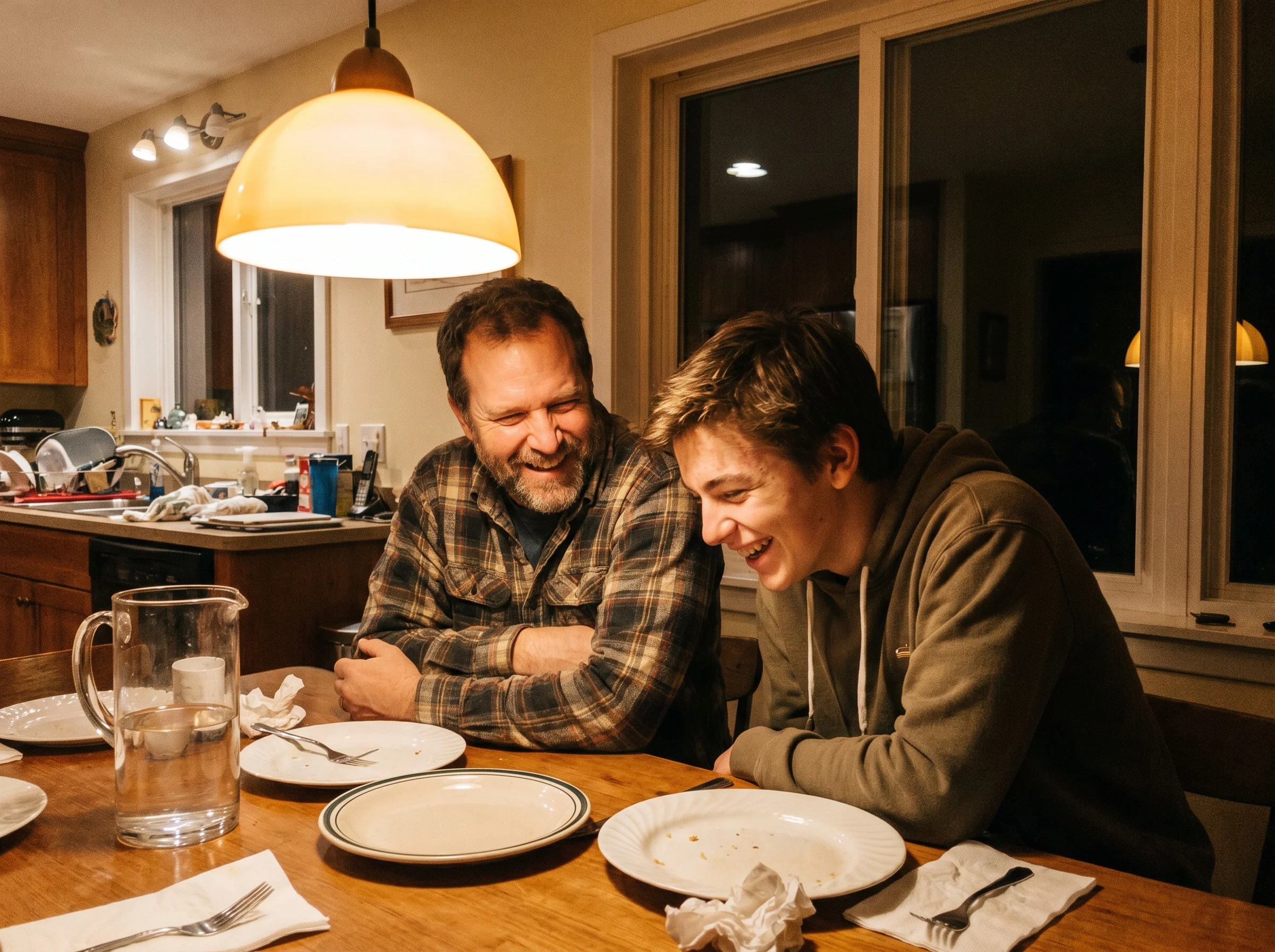 A dad and son chatting at the kitchen table after dinner, dishes still out, both laughing, warm lamp light