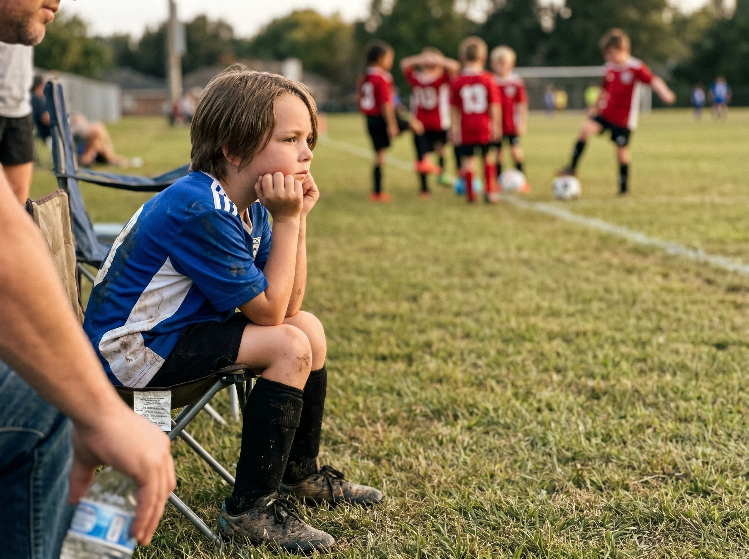 A kid in soccer cleats and uniform watching the other team warm up from the sideline, focused observational expression, outdo