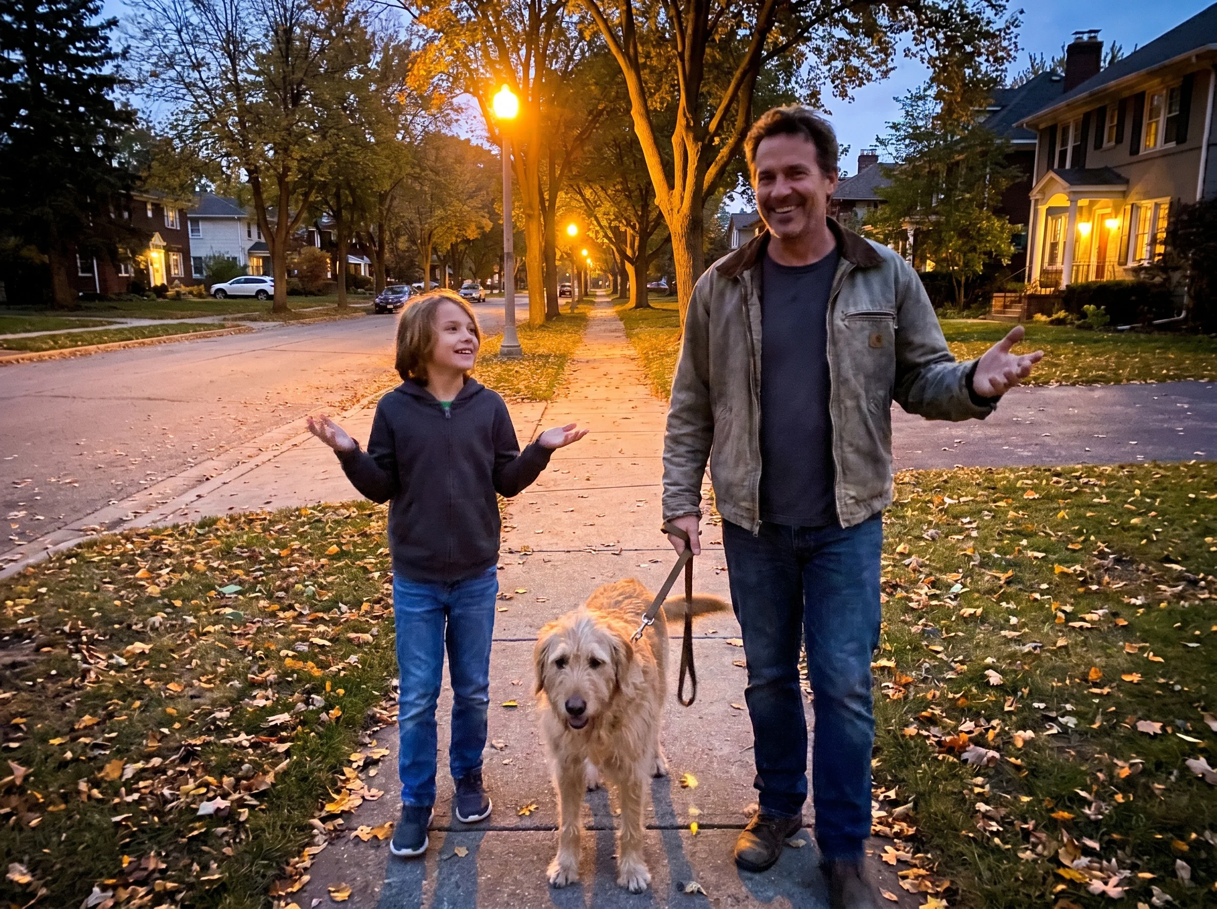 A dad and kid walking a dog down a neighborhood sidewalk in the evening, mid-conversation, casual relaxed body language
