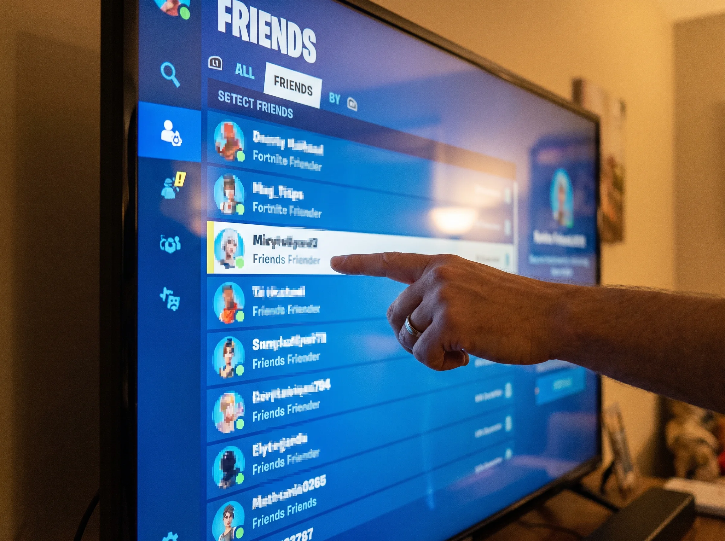 Close-up of a Fortnite friends list on a TV screen, blurry usernames visible, a parent's hand pointing at one entry